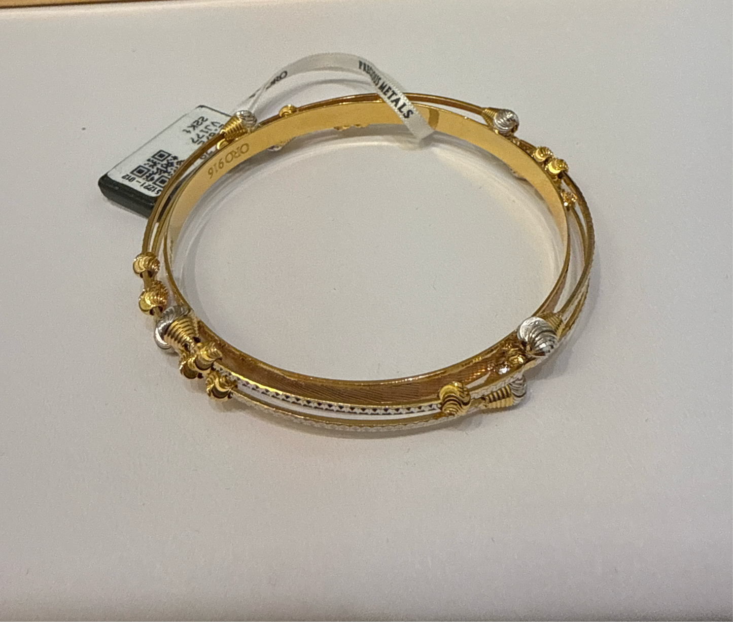 ORO Italian Designer 22K Yellow Gold with Gold Moving Beads decorated with Rose Gold and Rhodium Accent Stackable Bangle 2.6 inches - 27.32g SKU:BR0024O