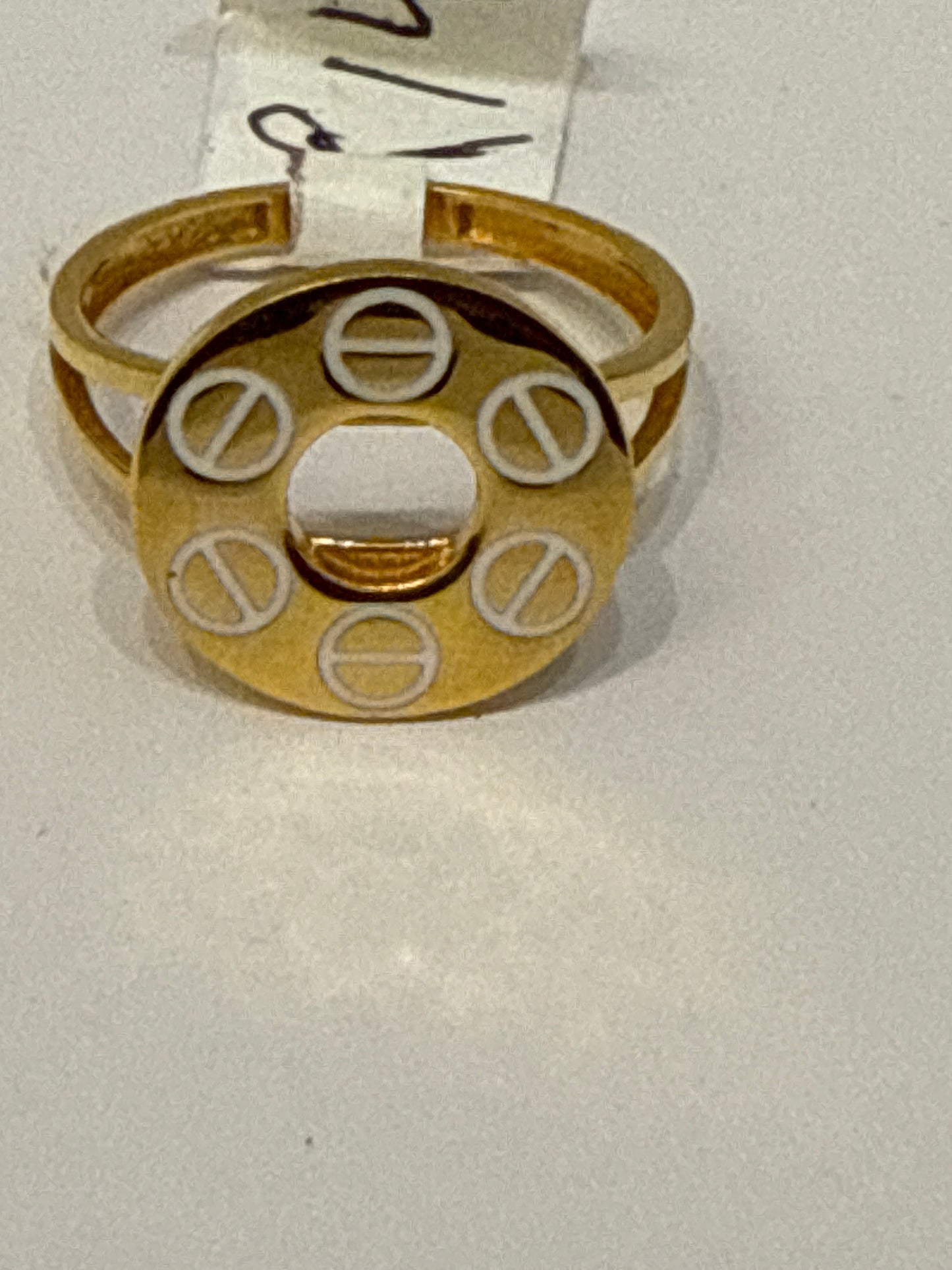 Love Screw Top Medallion Designer Inspired Ring with White Enamel Details in 22K Gold Size 7.5, 3.0g SKU: R0141M