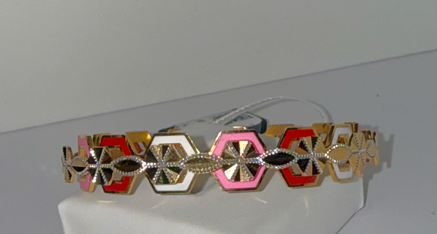 ORO Italian Designer 22K in Tri Color (Red, Pink, White) Enamel with Rhodium Plated Stackable Bangle size 2.6, 31.36g SKU: BR082