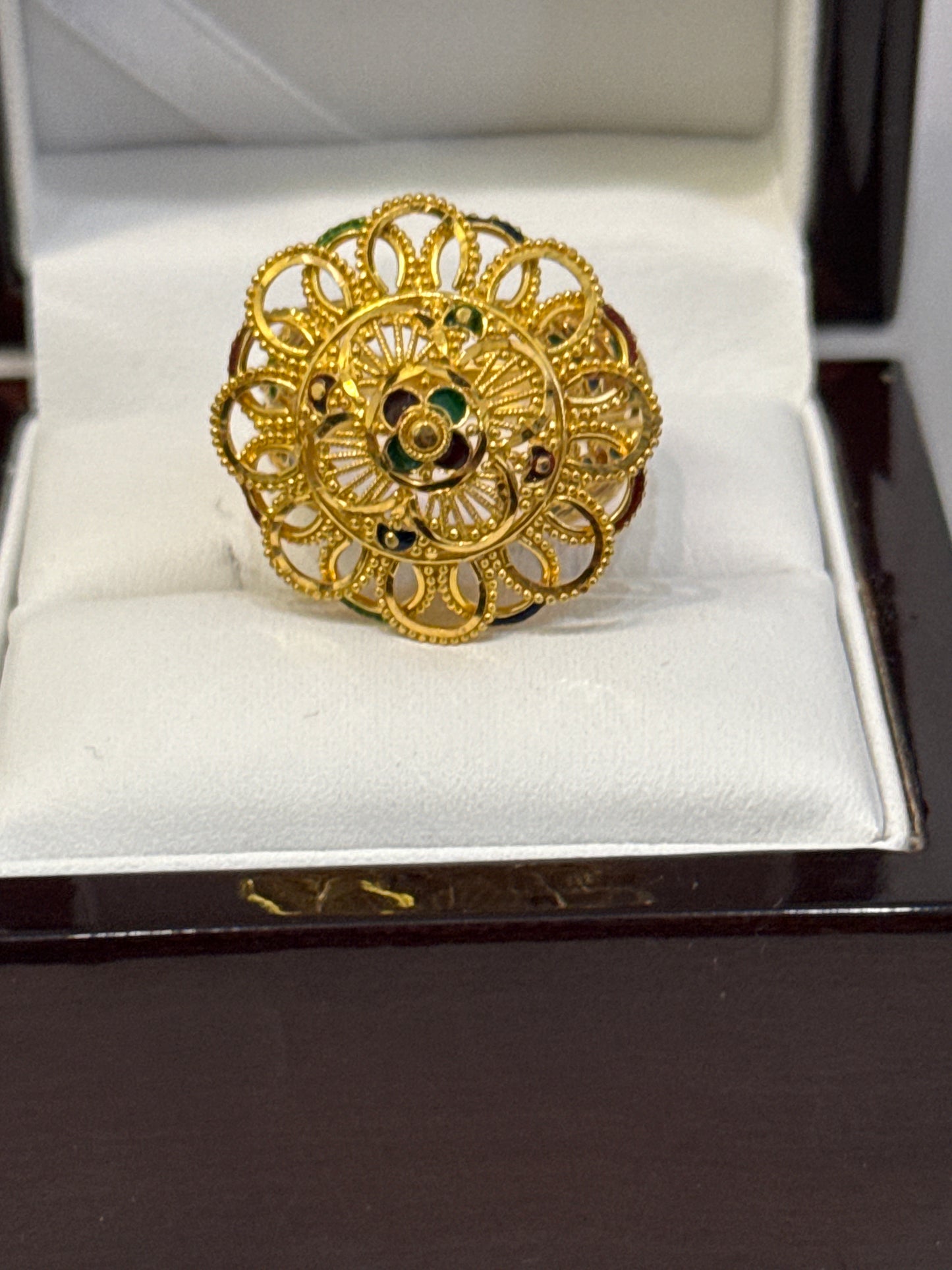 Green, Red & Orange Enamel Traditional Design 22K Gold Ring Size 7.5, 8:0g SKU: R0186W