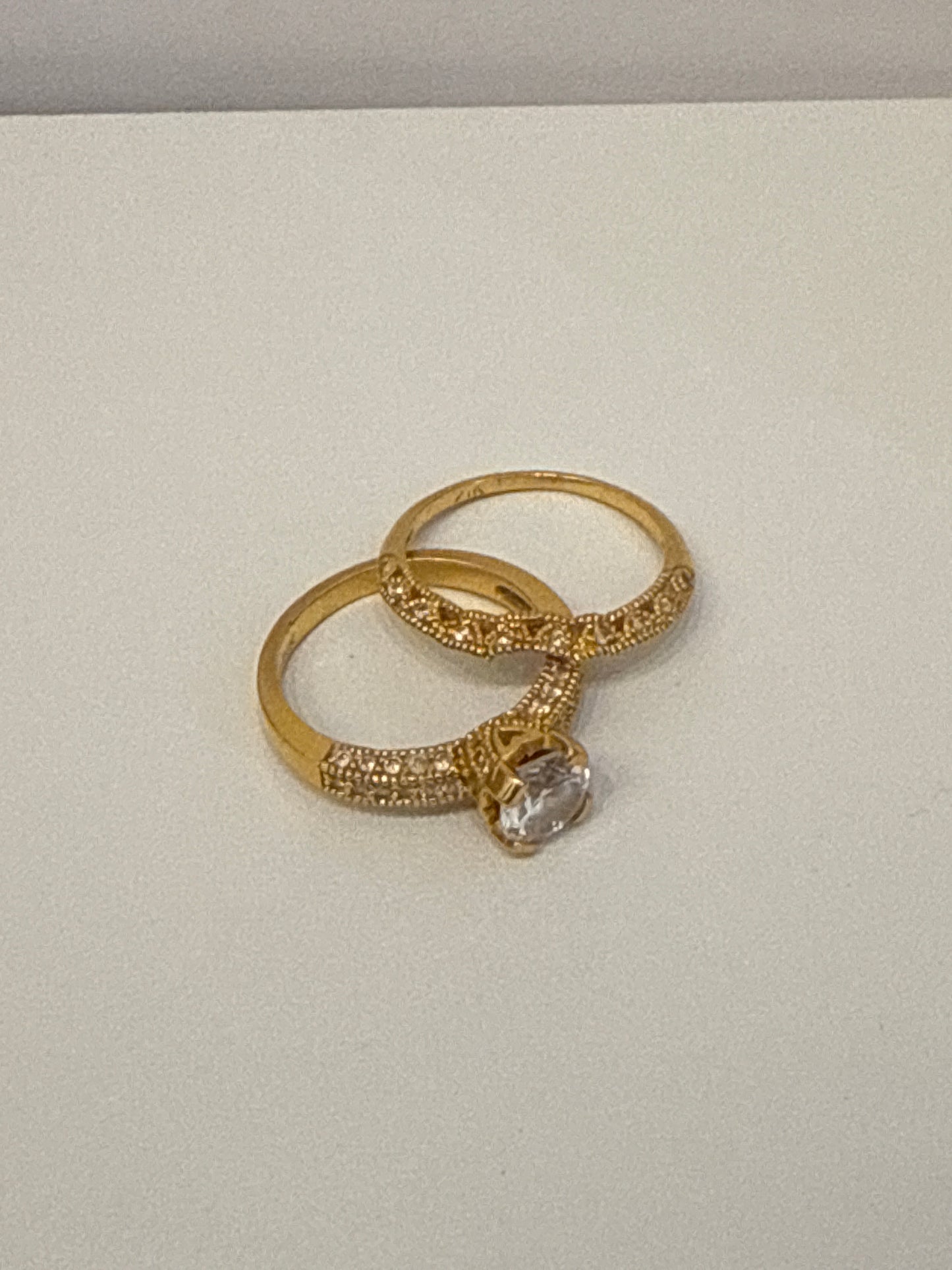 Modern 2 Piece Wedding Ring Set in White Sapphire solitaire 1.5 CT and 1.0 CT Stone in Matt Polished 21K Gold Size 8, weight7.8 SKU: R0184W