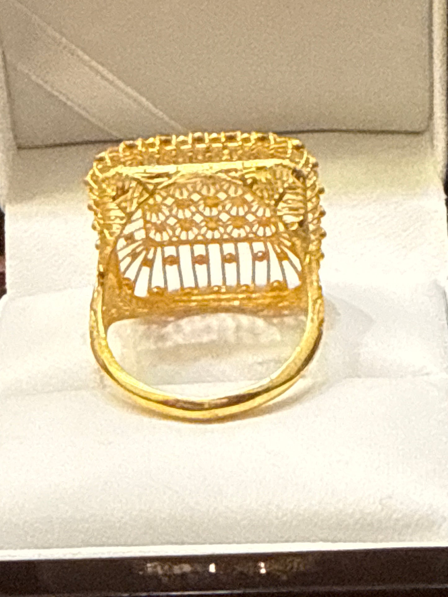 High Polished Reflective Square Shaped Open Gallery with Filigree Italian Designer inspired Elegant Light a weight Party Ring with a Modern Twist with 22K Gold Size 8, 4.6g SKU: R0168W
