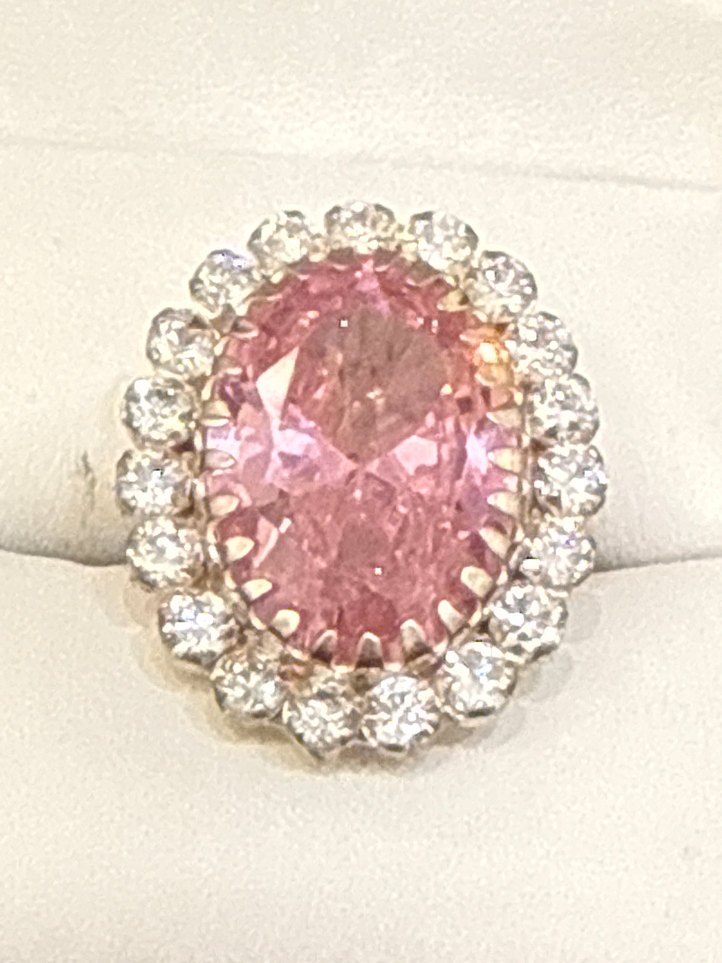 Designer Inspired One-of-a-Kind Halo Cocktail Ring Pink Crystal 6 CT 3 CT White Spinel Set in Sterling Silver Size: 7 Weight: 8.2 SKU: RS002W