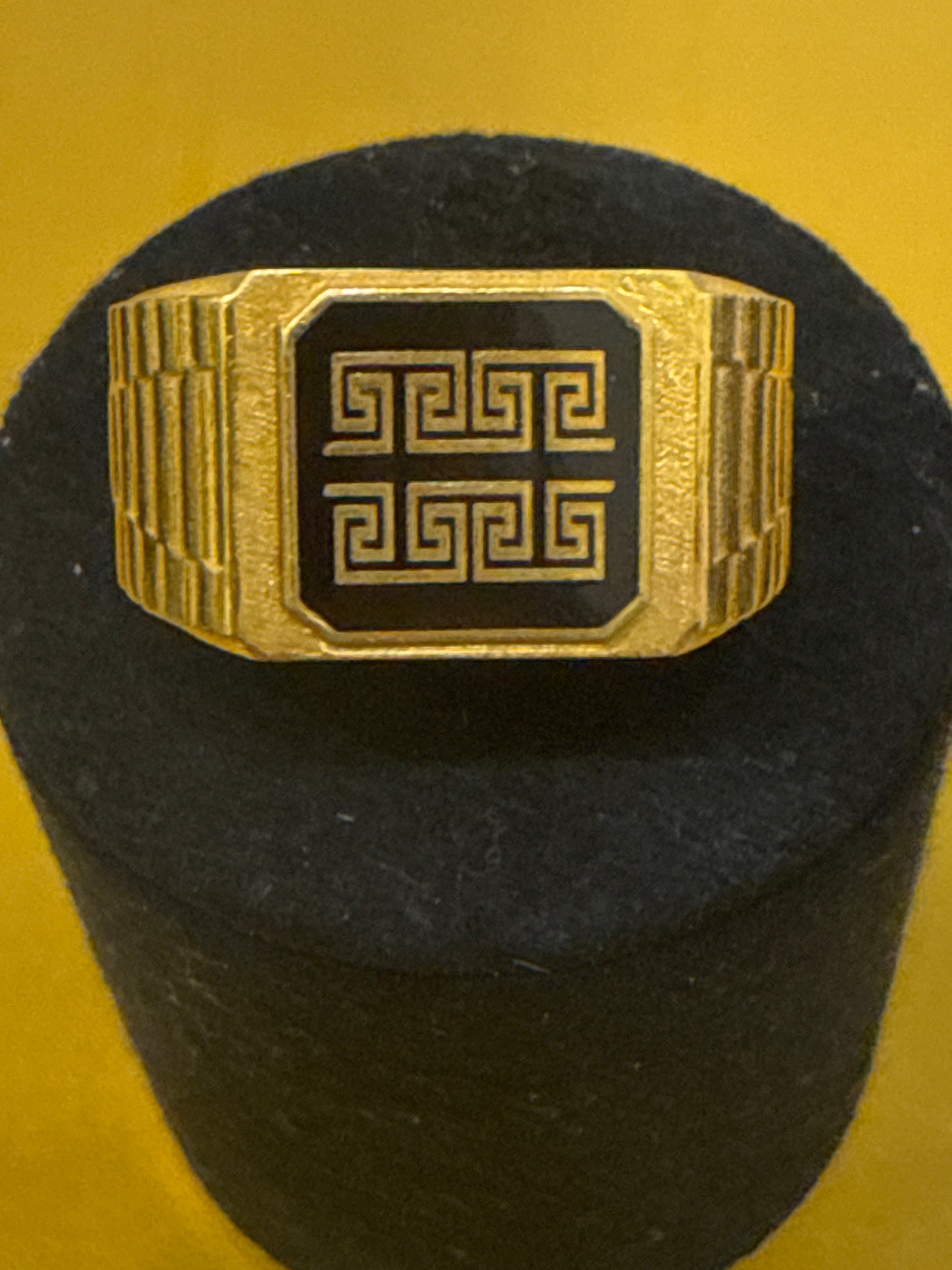 Mens Wedding anniversary Ring Greek Key Design with Black Enamel Side Design 22K Gold Size 9.5 Weight: 7.1g SKU: R0227MW