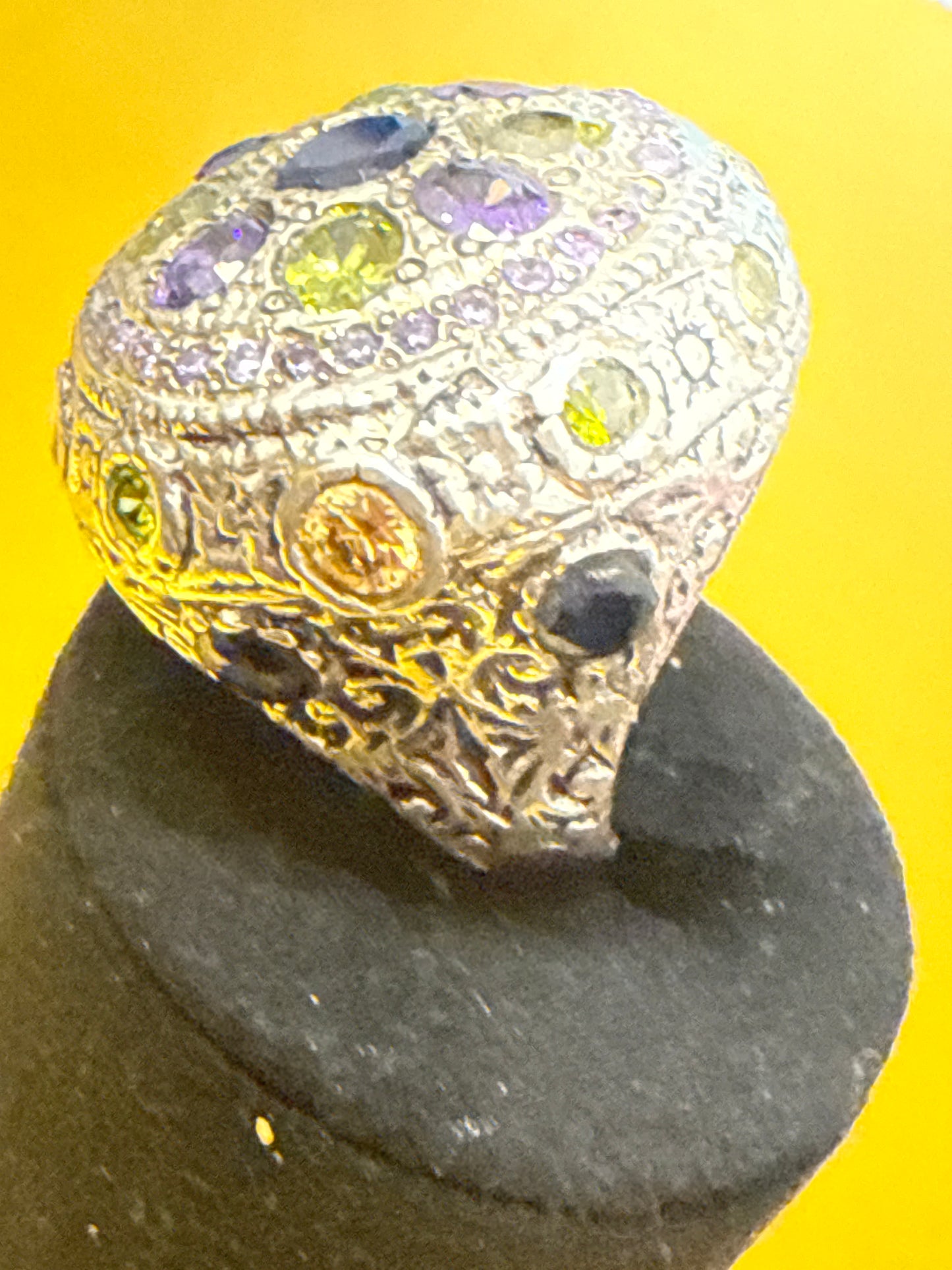 Traditional Rajasthani / Afghani One-of-a-Kind Cocktail Ring with 10 CWT Sapphire, Peridot, IOLITE and Spinel in Sterling Silver Size: 10 Weight: 15.4 SKU: RS003W