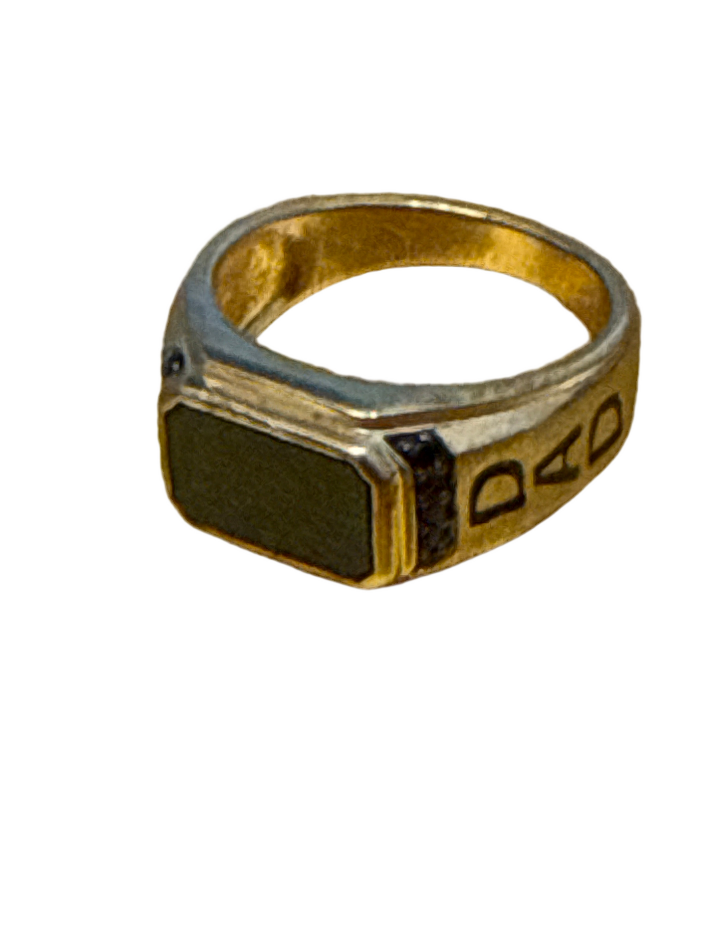 Mens Gold Plated Sterling Silver Italian Design “DAD” in Black Enamel Black Spinel Black Onyx 6 CT Size: 10 Weight: 8.4g SKU: R205M