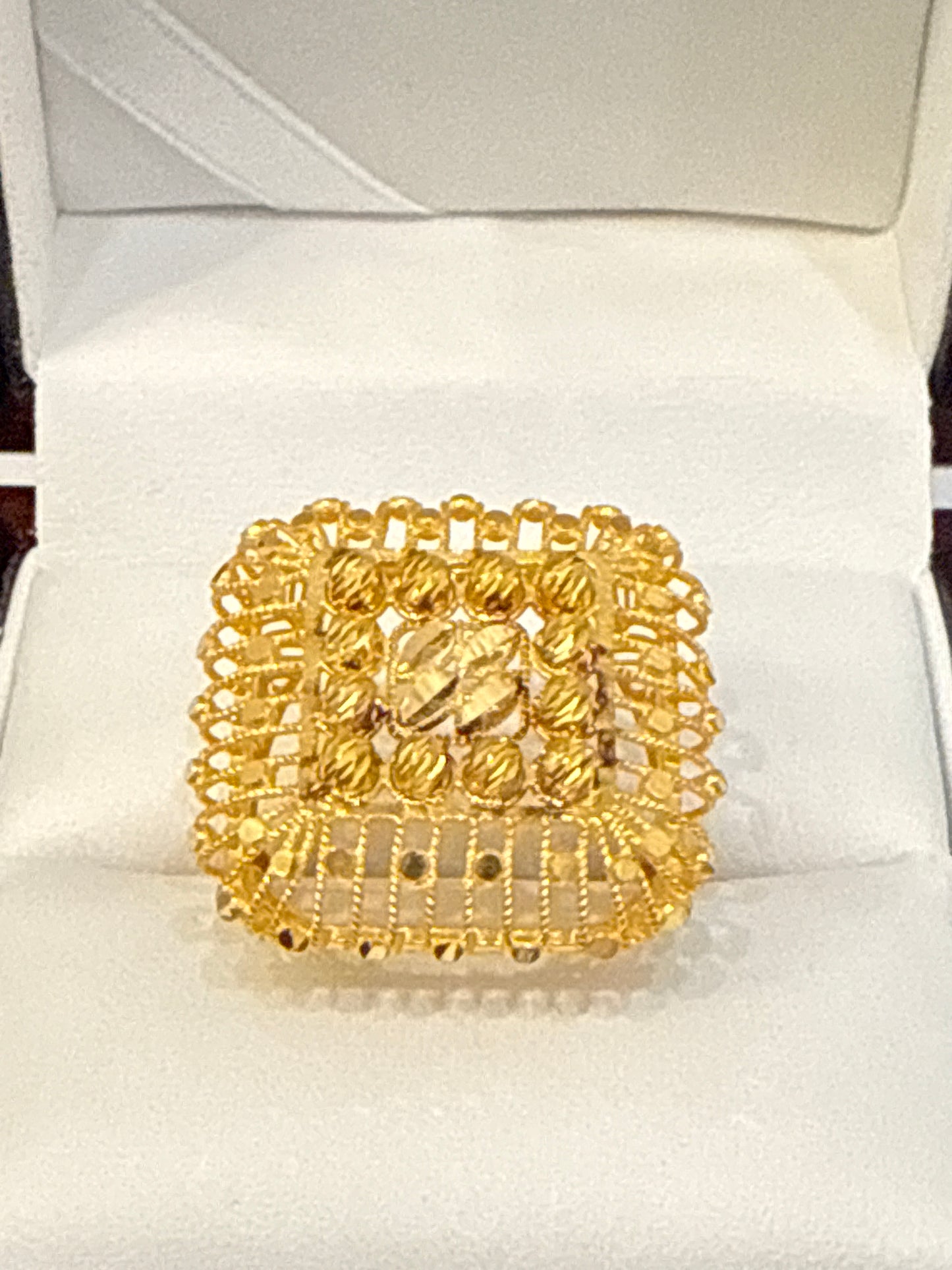 High Polished Reflective Square Shaped Open Gallery with Filigree Italian Designer inspired Elegant Light a weight Party Ring with a Modern Twist with 22K Gold Size 8, 5.4g SKU: R0148W