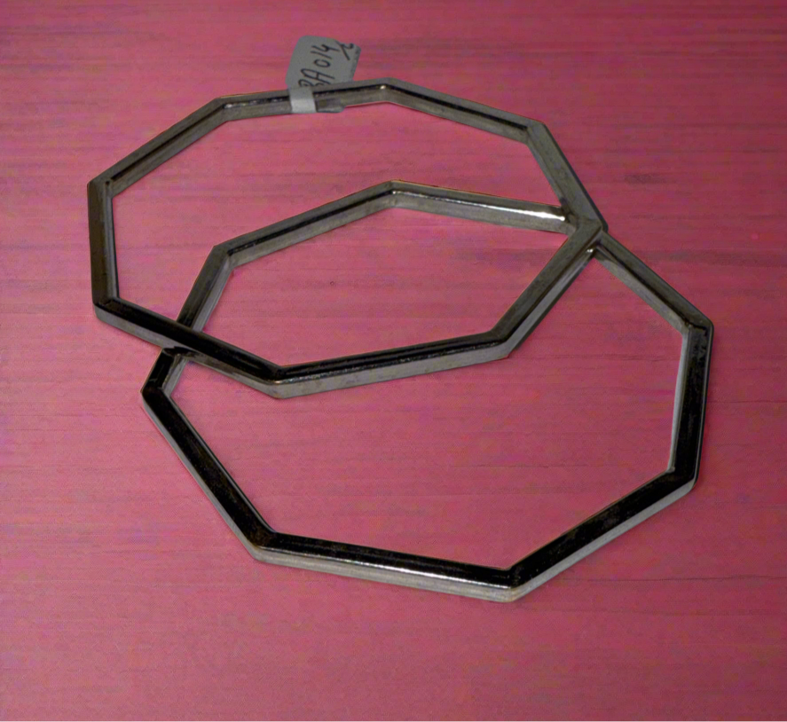One-of-a-kind Custom Design Hexagon shaped Rhodium Plated in 22K Gold Stackable Bangle. 2.10 inches - 15.3g SKU:BA014