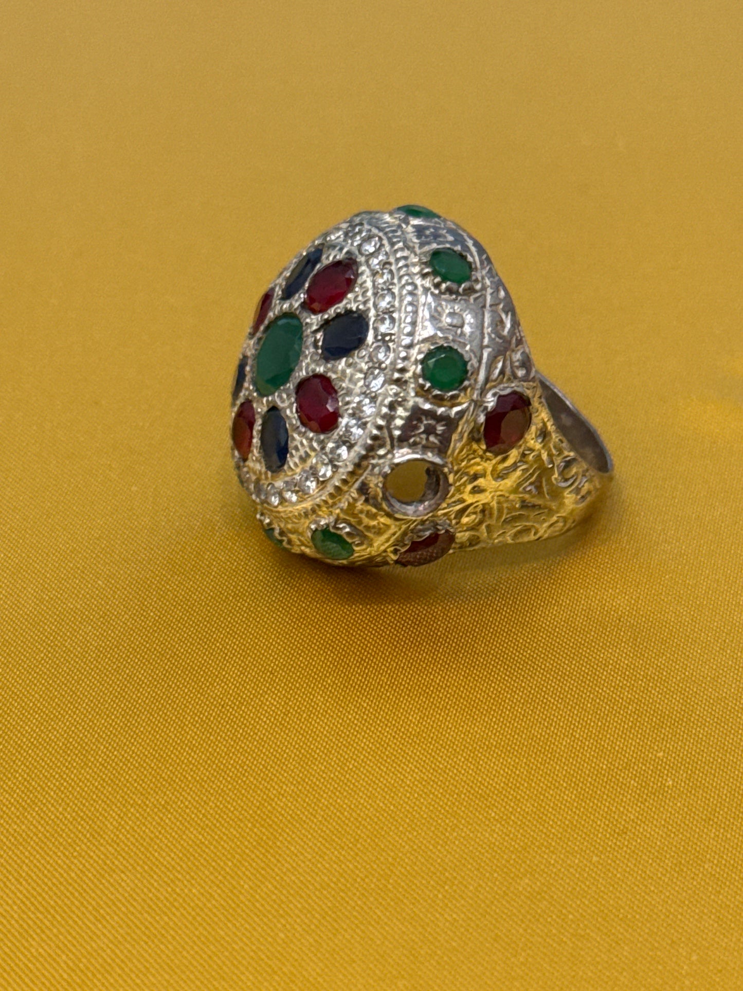 Traditional Rajasthani / Afghani One-of-a-Kind Cocktail Ring with 10 CWT Ruby, Sapphire, Emerald, IOLITE and Spinel in Sterling Silver Size: 10 Weight: 14.7 SKU: RS004W