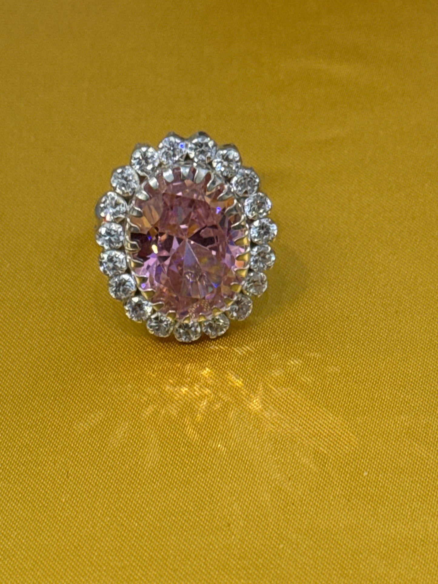 Designer Inspired One-of-a-Kind Halo Cocktail Ring Pink Crystal 6 CT 3 CT White Spinel Set in Sterling Silver Size: 7 Weight: 8.2 SKU: RS002W