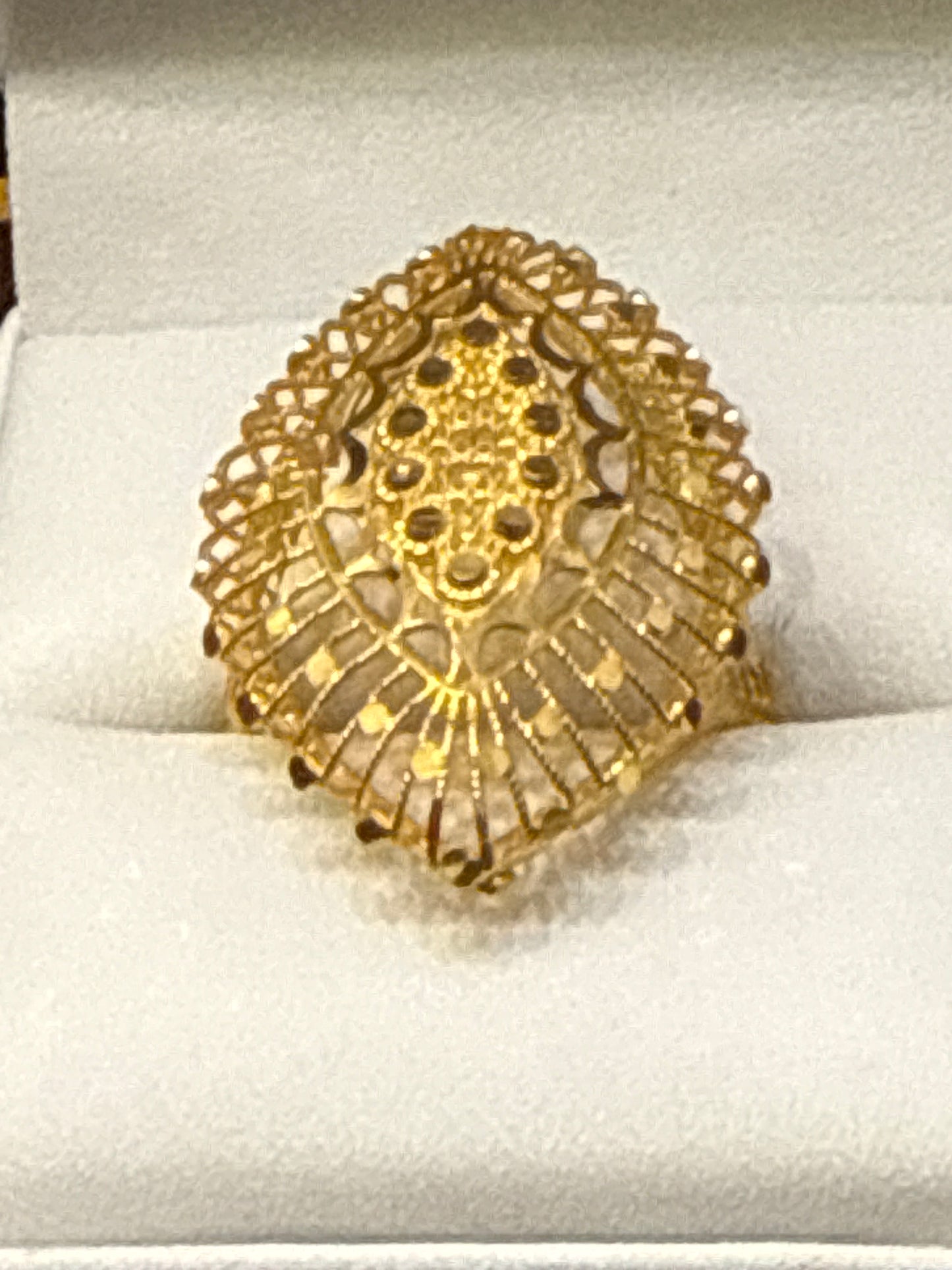 High Polished Reflective Marquise shape Open Gallery with Filigree Italian Designer inspired Elegant Light a weight Party Ring with a Modern Twist with 22K Gold Size 8, 4.7g SKU: R0144W