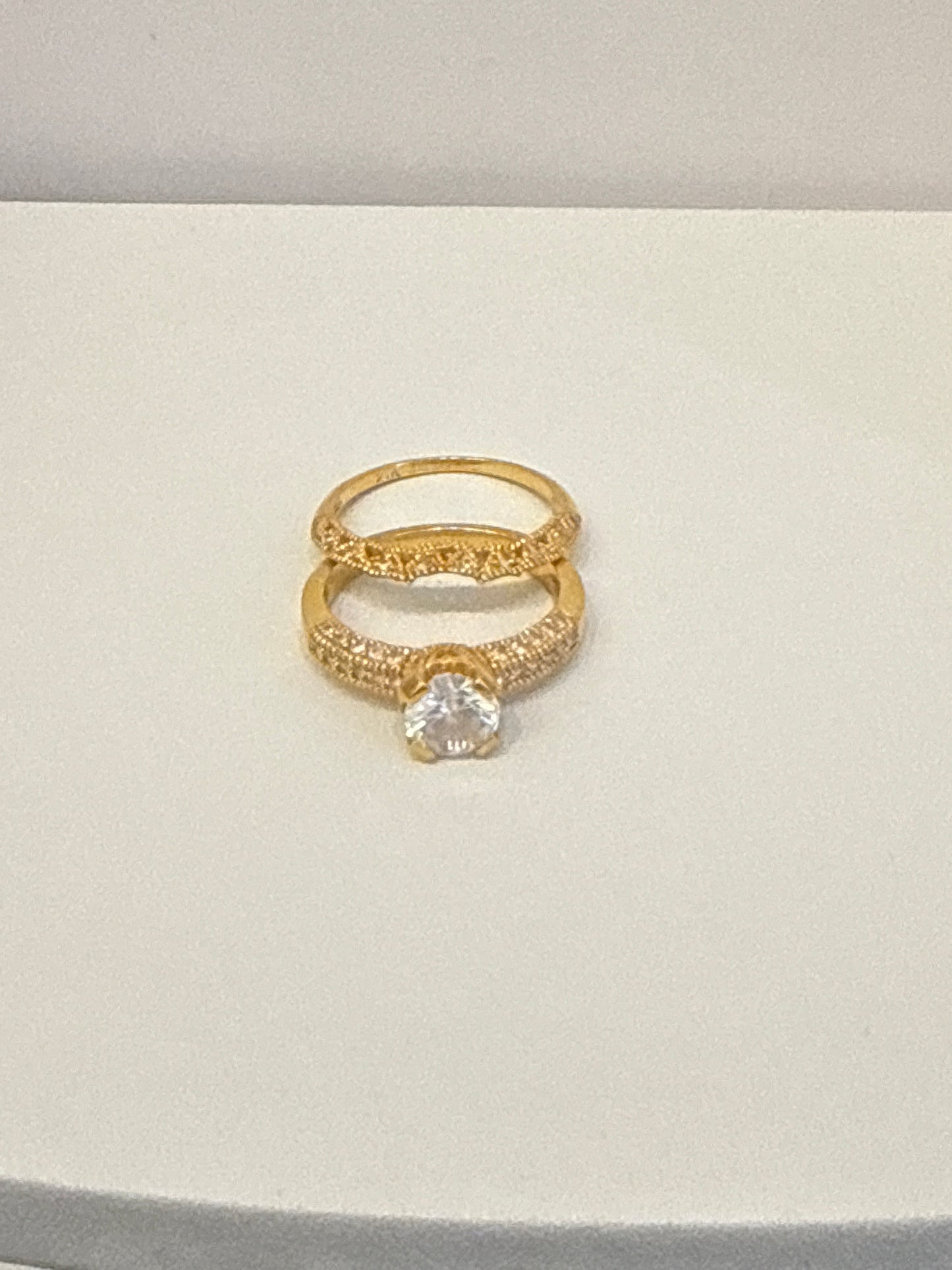 Modern 2 Piece Wedding Ring Set in White Sapphire solitaire 1.5 CT and 1.0 CT Stone in Matt Polished 21K Gold Size 8, weight7.8 SKU: R0184W