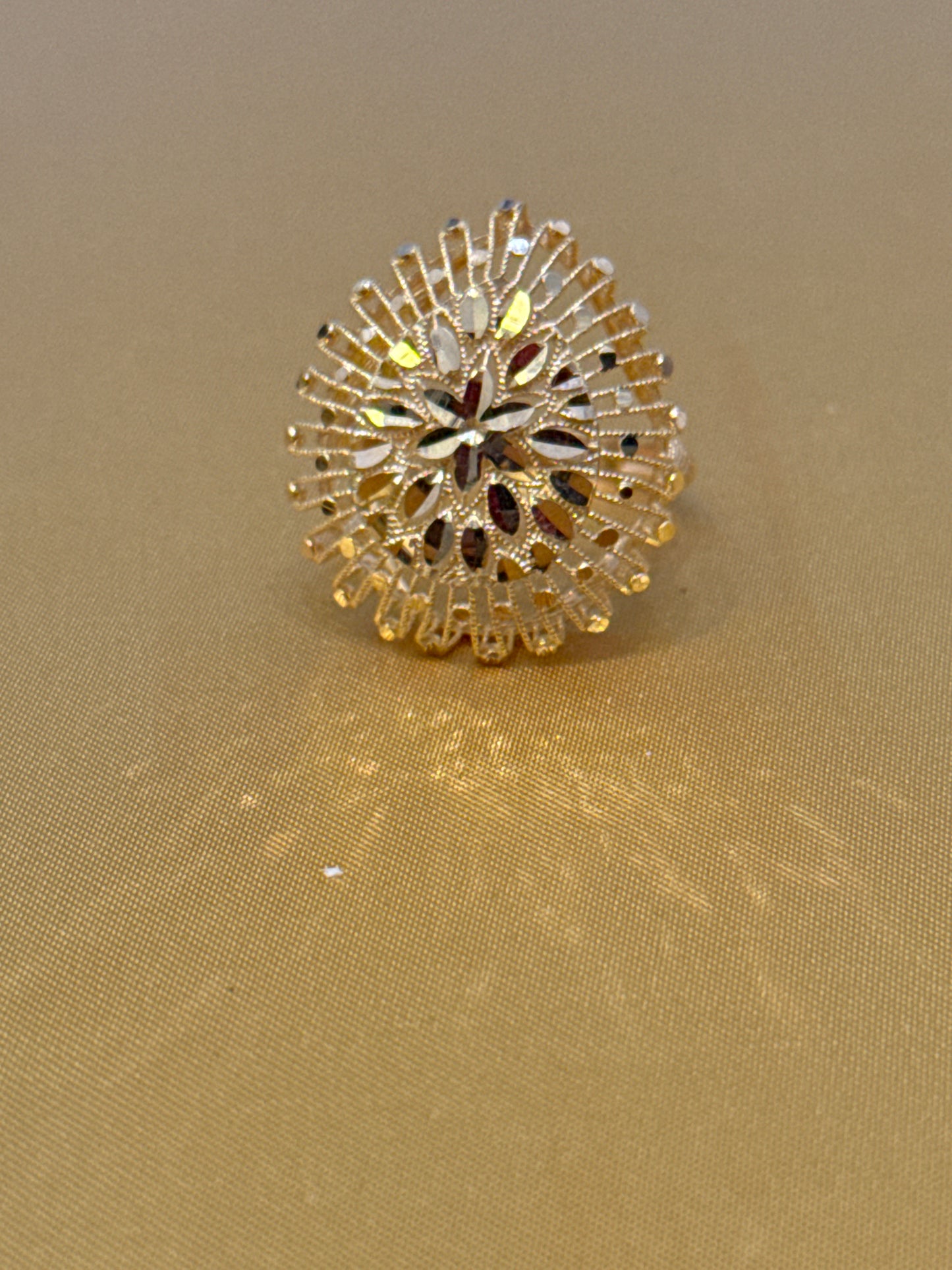 High Polished Reflective Stadium or a Capsule Shape Open Gallery with Filigree Italian Designer inspired Elegant Light Weight Party Ring with a Modern Twist with 22K Gold Size 7.5, 4.6g SKU: R0150W