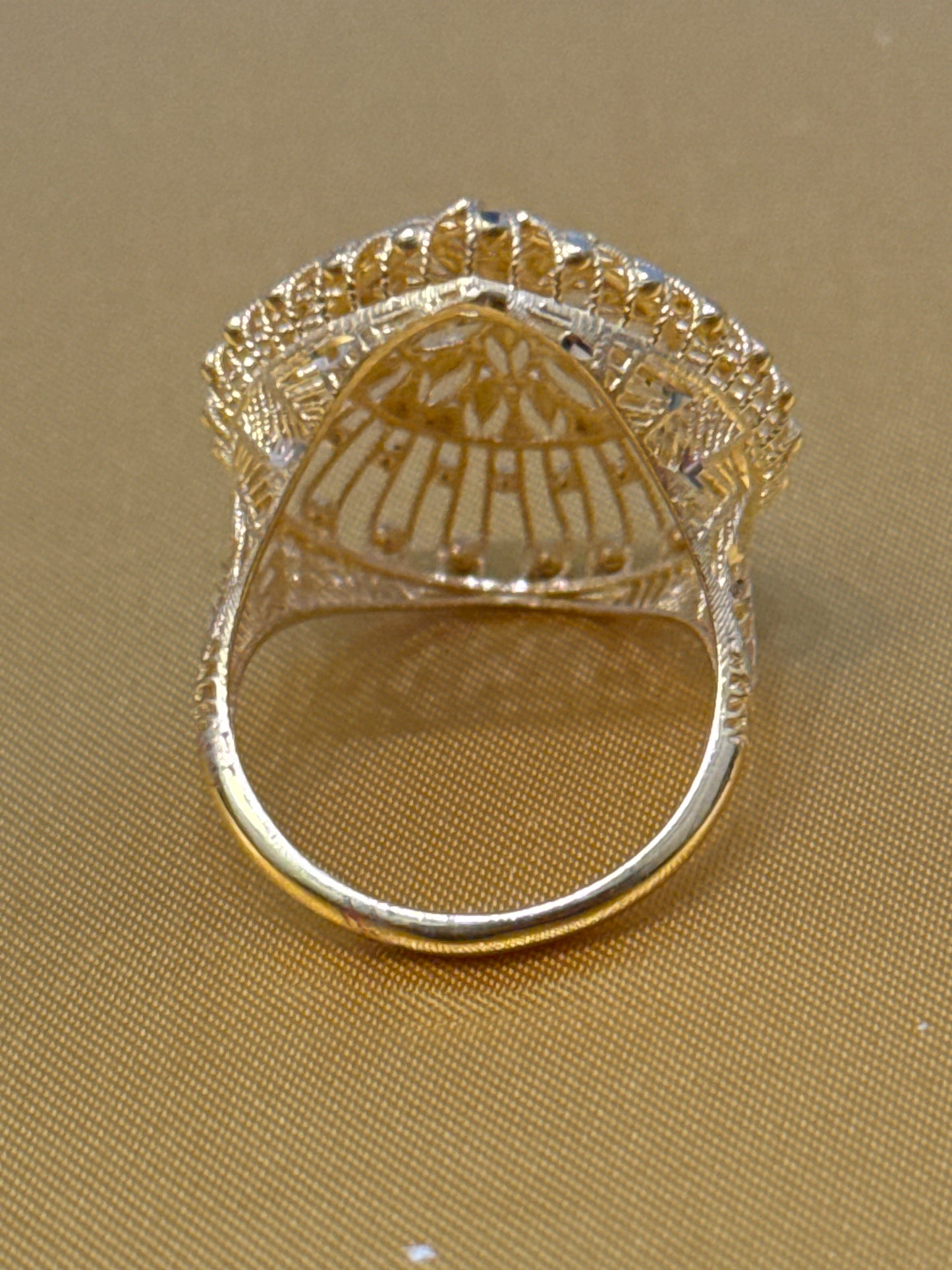 High Polished Reflective Stadium or a Capsule Shape Open Gallery with Filigree Italian Designer inspired Elegant Light Weight Party Ring with a Modern Twist with 22K Gold Size 7.5, 4.6g SKU: R0150W