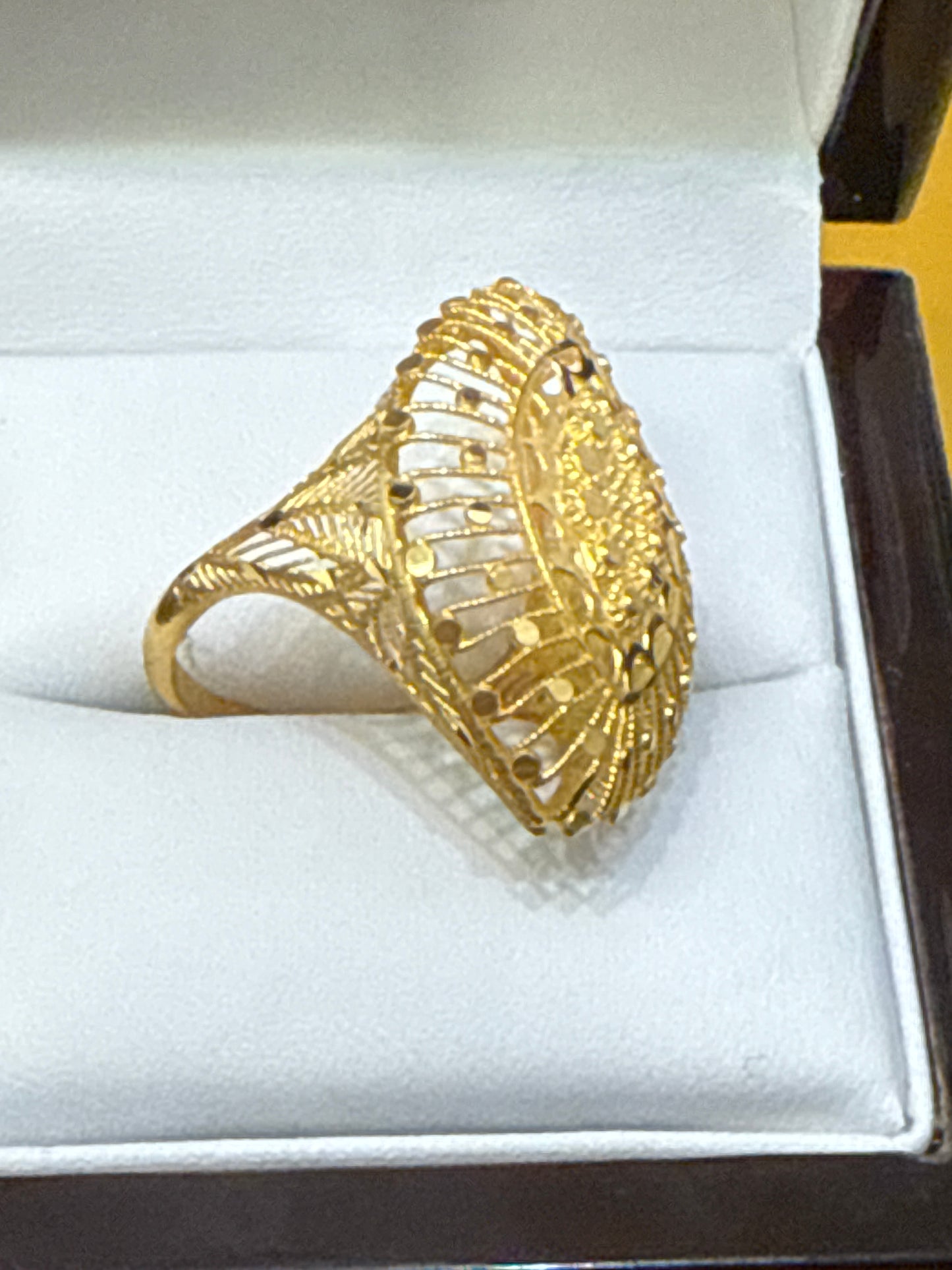 High Polished Reflective Marquise shape Open Gallery with Filigree Italian Designer inspired Elegant Light a weight Party Ring with a Modern Twist with 22K Gold Size 8, 4.7g SKU: R0144W