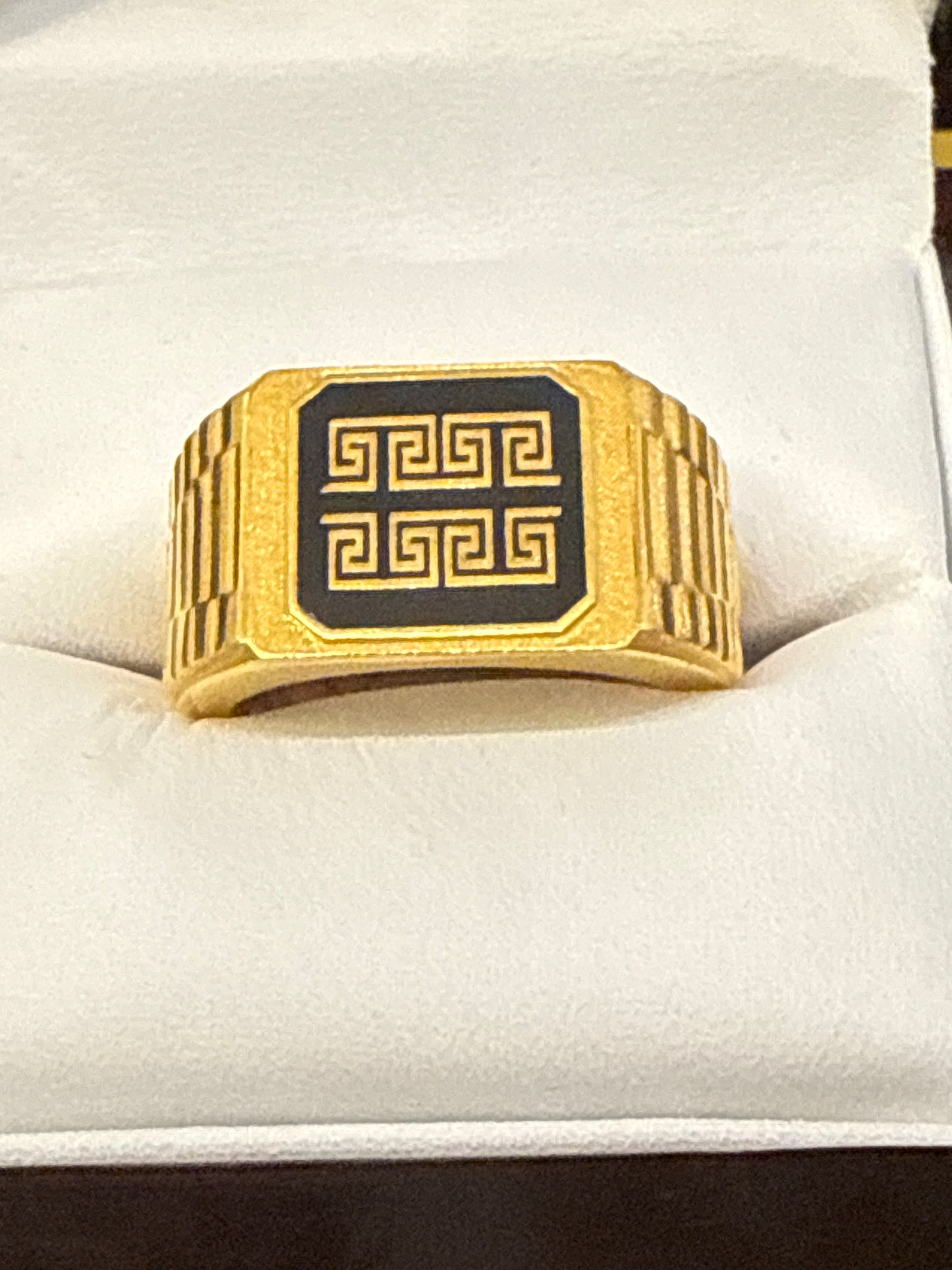 Mens Wedding anniversary Ring Greek Key Design with Black Enamel Side Design 22K Gold Size 9.5 Weight: 7.1g SKU: R0227MW