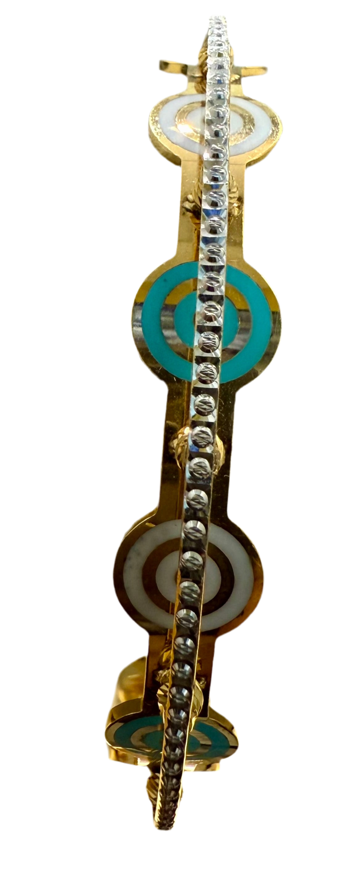 Oro - Italian Designer 22K in two Color Enamel ( Sea Green & White) with Rhodium Plated Bangle. 23.78g, 2.6 inches - SKU: BA028