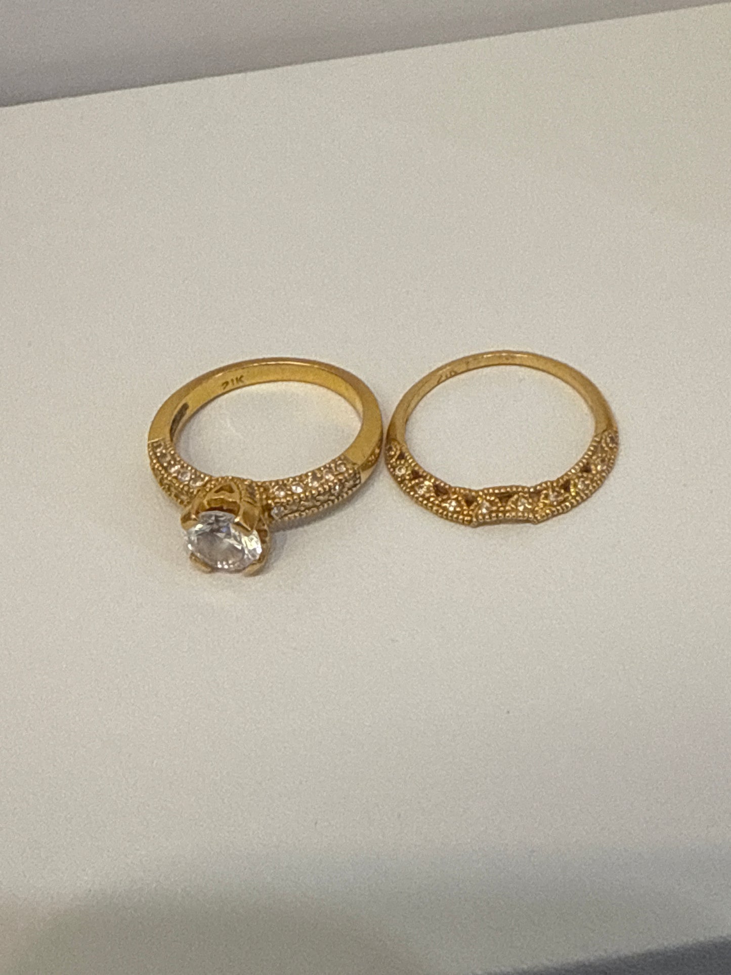 Modern 2 Piece Wedding Ring Set in White Sapphire solitaire 1.5 CT and 1.0 CT Stone in Matt Polished 21K Gold Size 8, weight7.8 SKU: R0184W