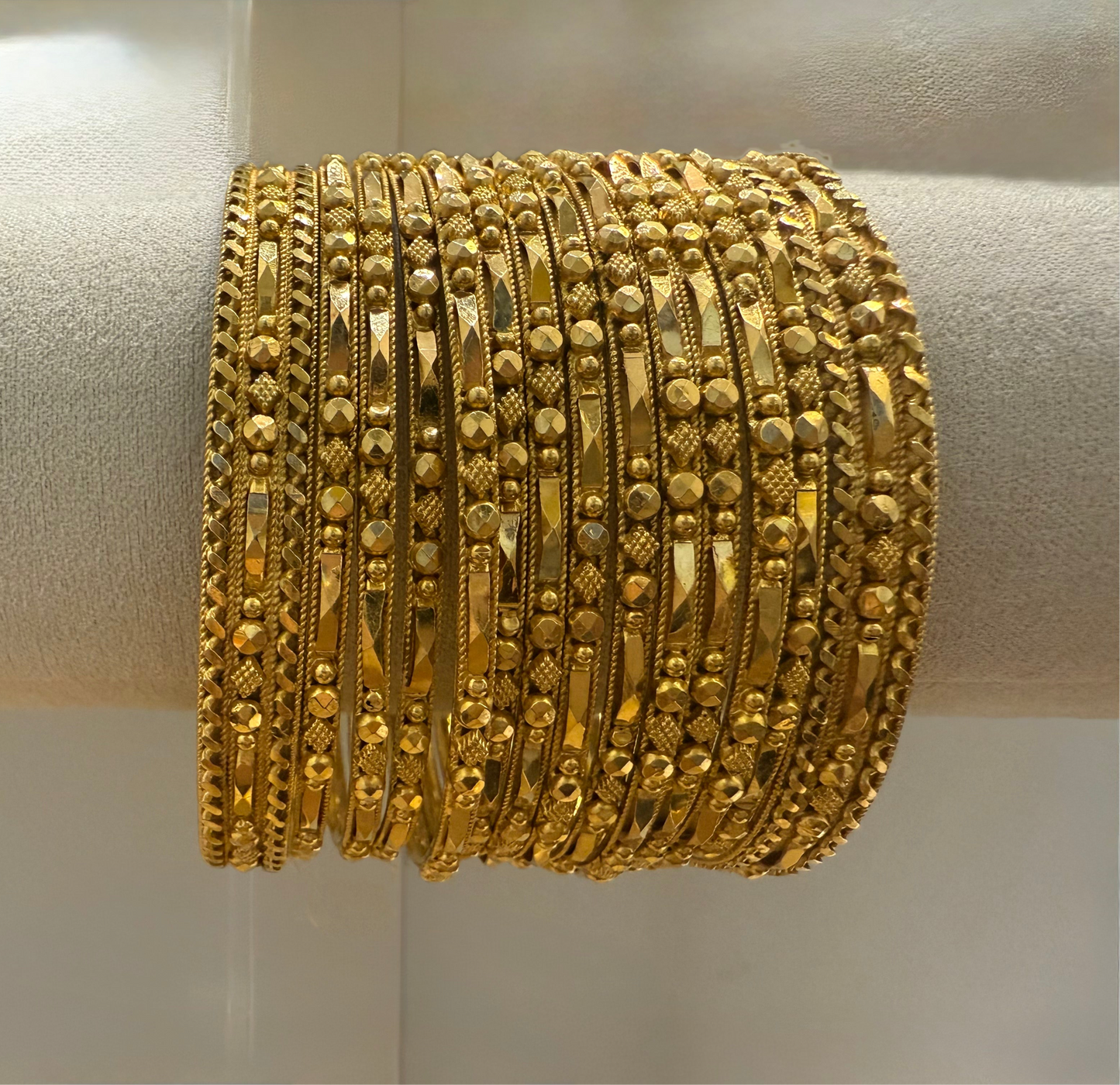 Wedding Bangle Set Handmade Design in 22K Gold 12 thin and 2 Larger Kara - Size 2.8 - weight 167.1 SKU:BA003&BA026