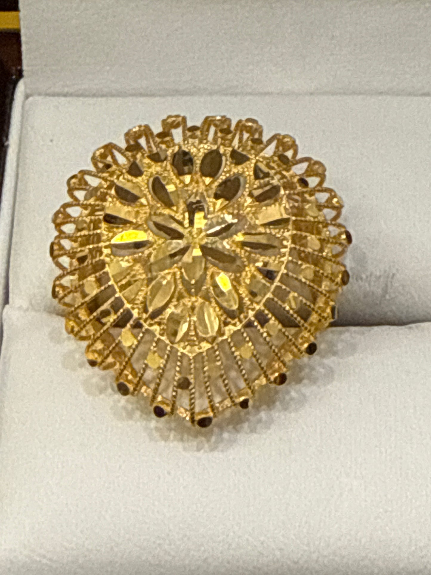 High Polished Reflective Stadium or a Capsule Shape Open Gallery with Filigree Italian Designer inspired Elegant Light Weight Party Ring with a Modern Twist with 22K Gold Size 7.5, 4.6g SKU: R0150W