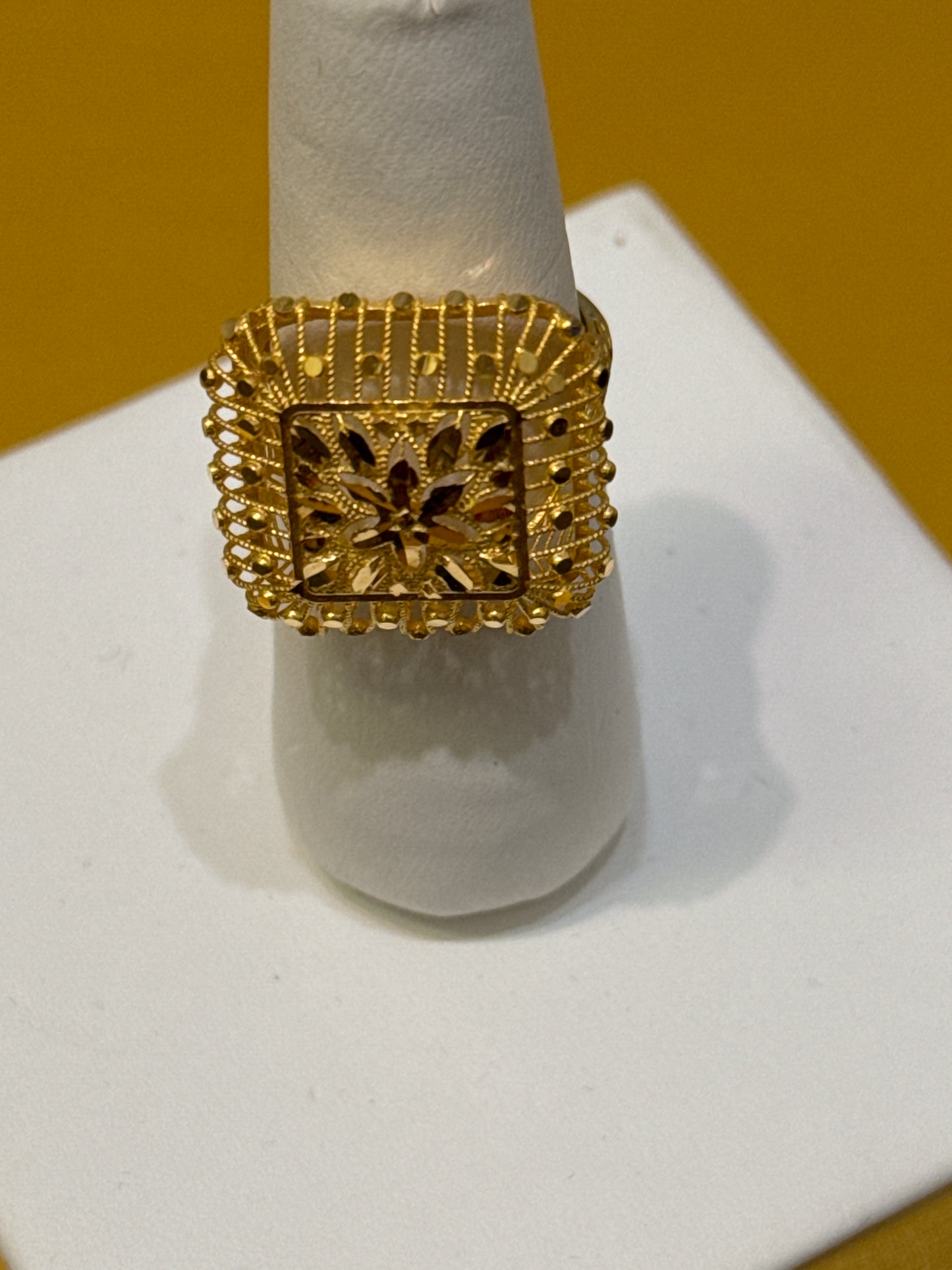 High Polished Square Open Gallery with Filigree Italian Designer inspired Elegant Light a weight Party Ring with a Modern Twist with 22K Gold Size 8, 5.3g SKU: R0142W
