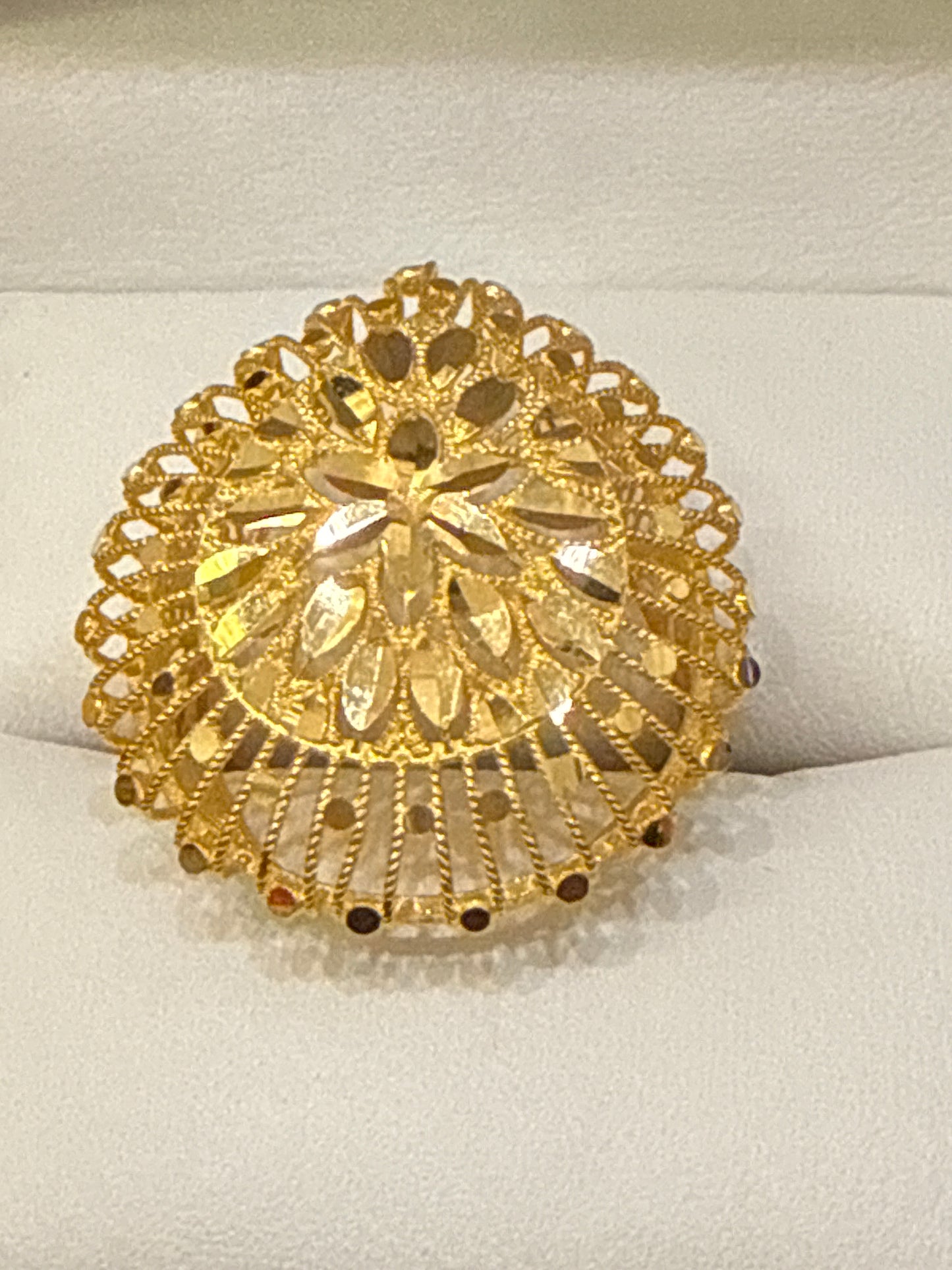 High Polished Reflective Stadium or a Capsule Shape Open Gallery with Filigree Italian Designer inspired Elegant Light Weight Party Ring with a Modern Twist with 22K Gold Size 7.5, 4.6g SKU: R0150W