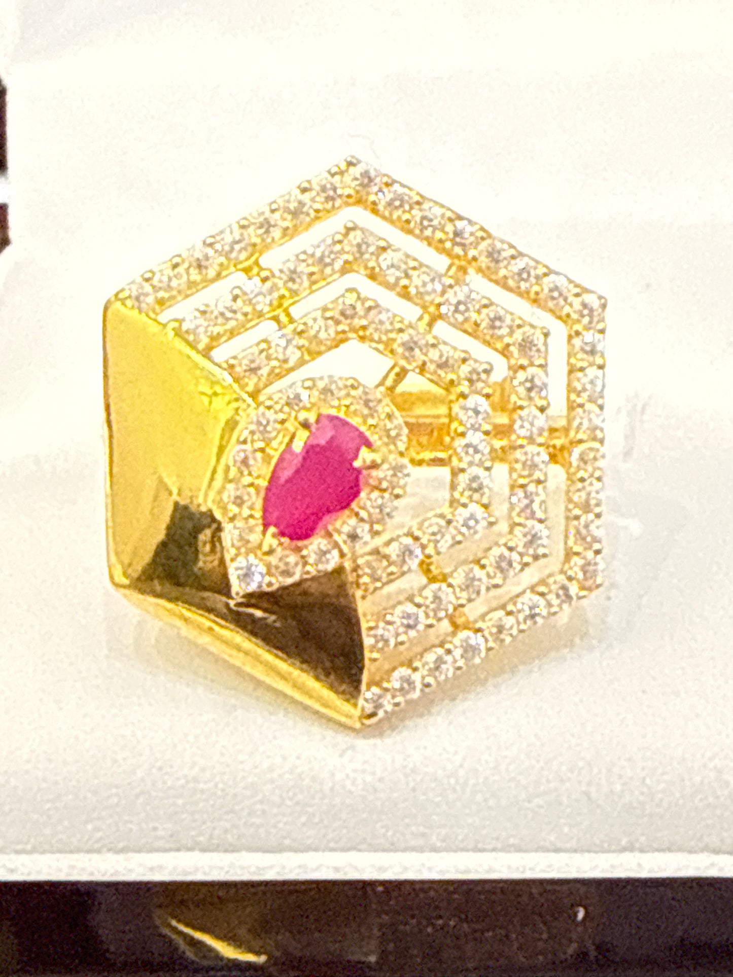 Modern Red & White Ruby and Crystal Stones 0.8 CT Floral Ring 22K Gold Size Adjustable 5-12, 5.1g SKU: R0159W