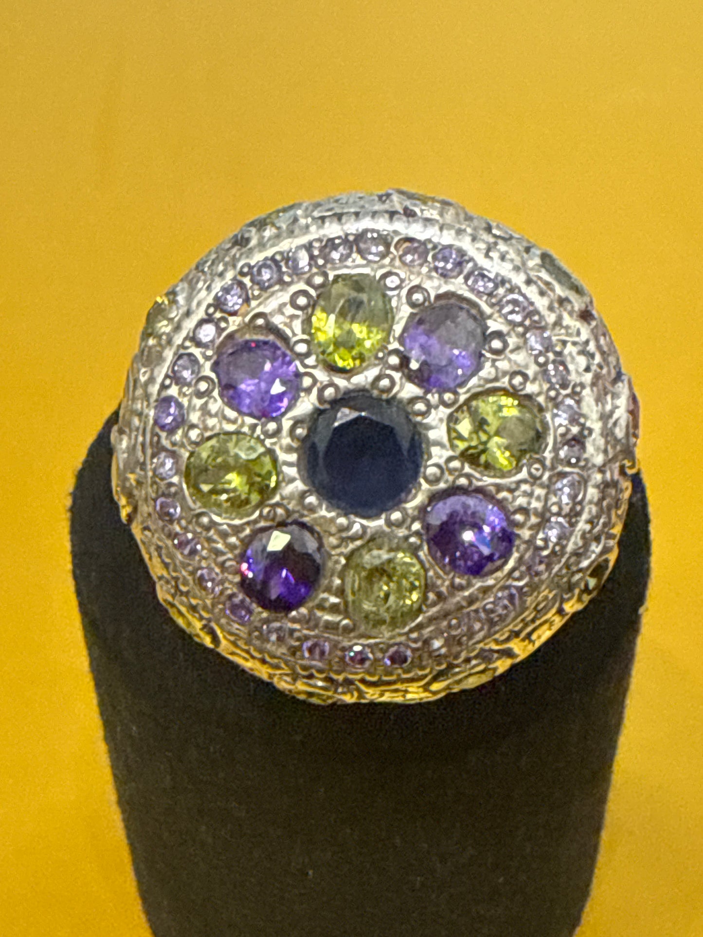 Traditional Rajasthani / Afghani One-of-a-Kind Cocktail Ring with 10 CWT Sapphire, Peridot, IOLITE and Spinel in Sterling Silver Size: 10 Weight: 15.4 SKU: RS003W