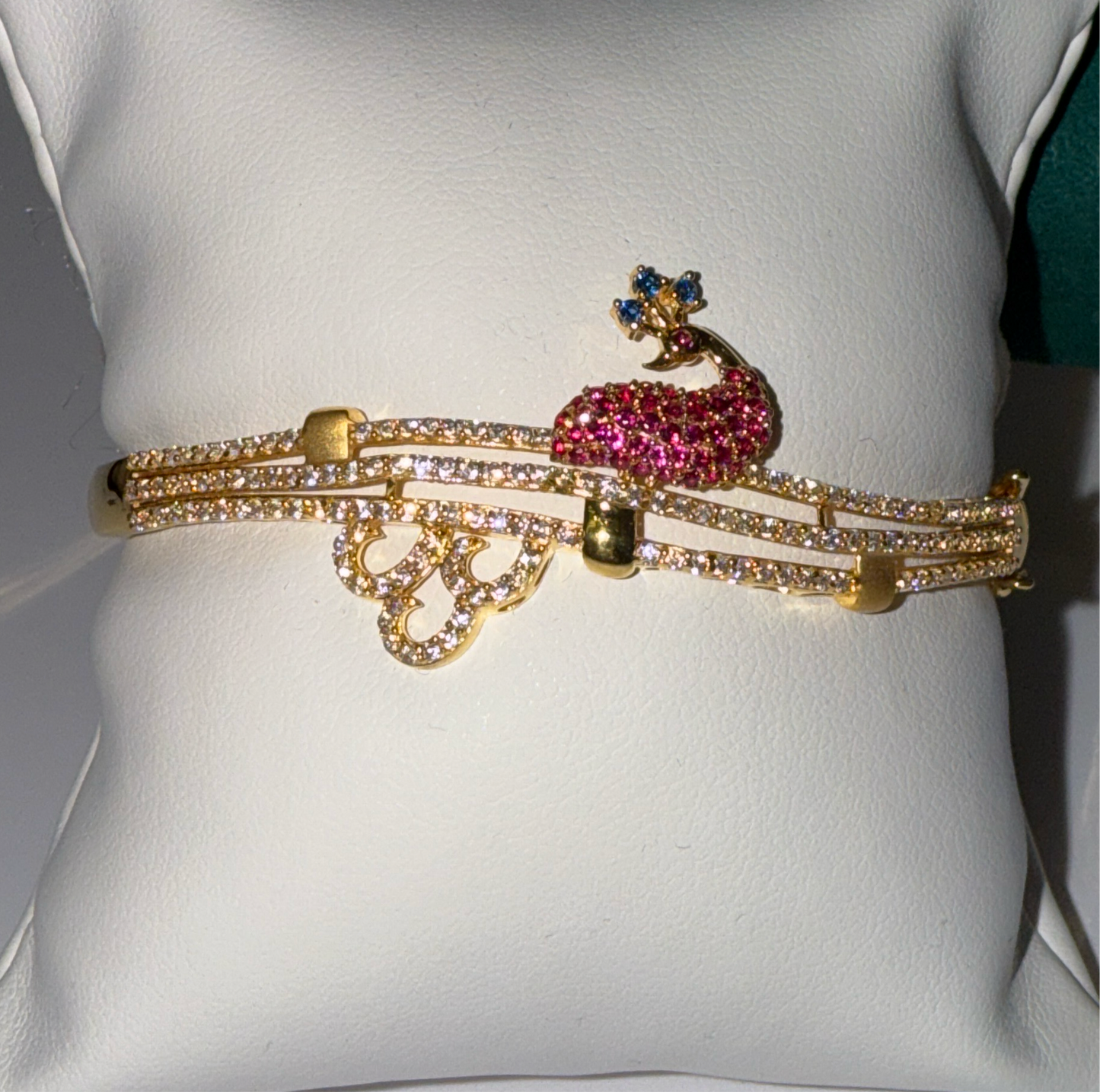 Dancing Peacock Decorated with Ruby, Sapphire and Crystals in Custom Design 22K in Yellow Gold with Double Safety Lock VIP Bangle - 14.9g SKU:BR0032BB