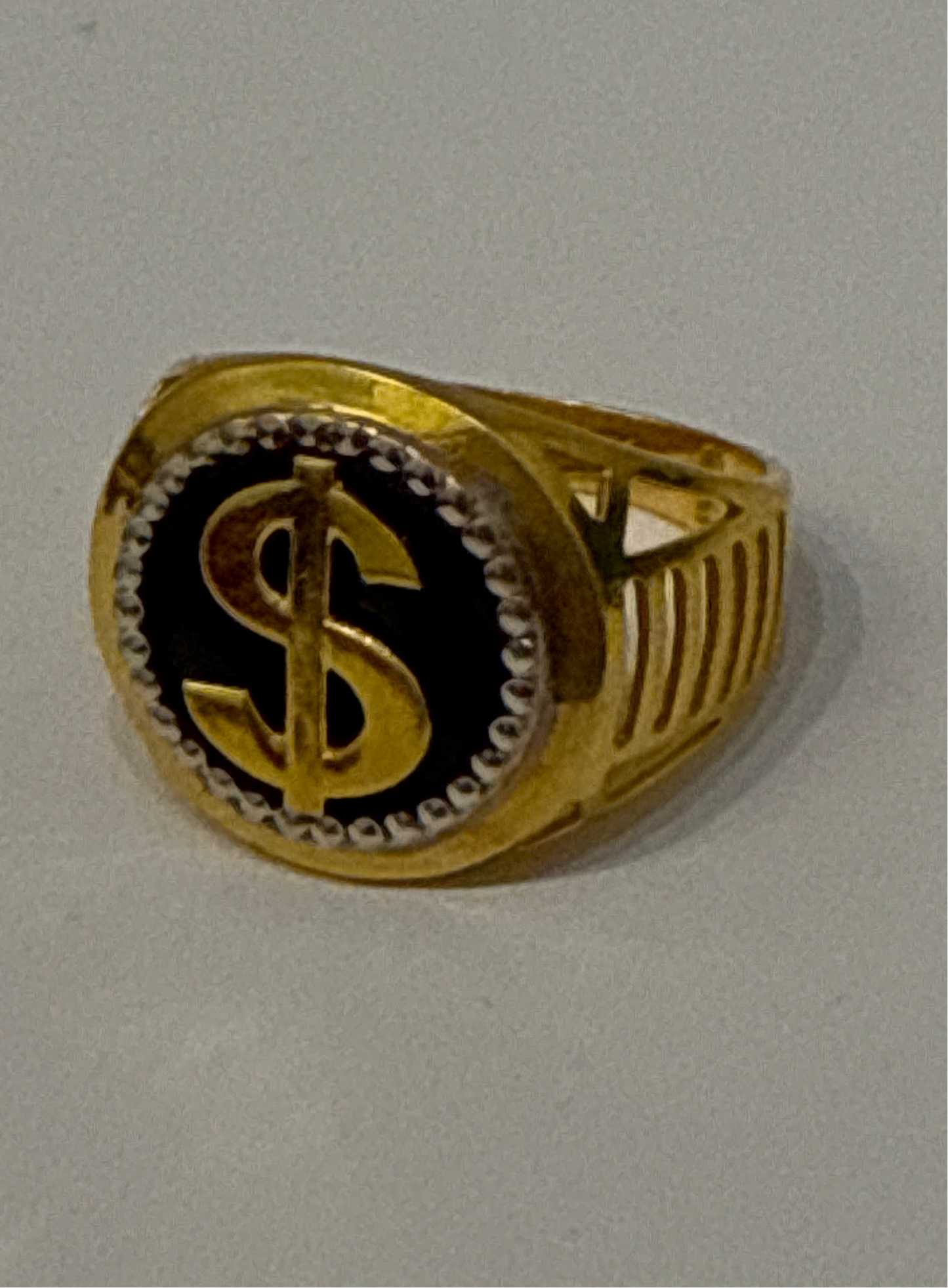 Men’s Dollar Sign Classic 3D Custom Design 22K Gold with Black Enamel Ring Size 9, 6.2g SKU: R0225M