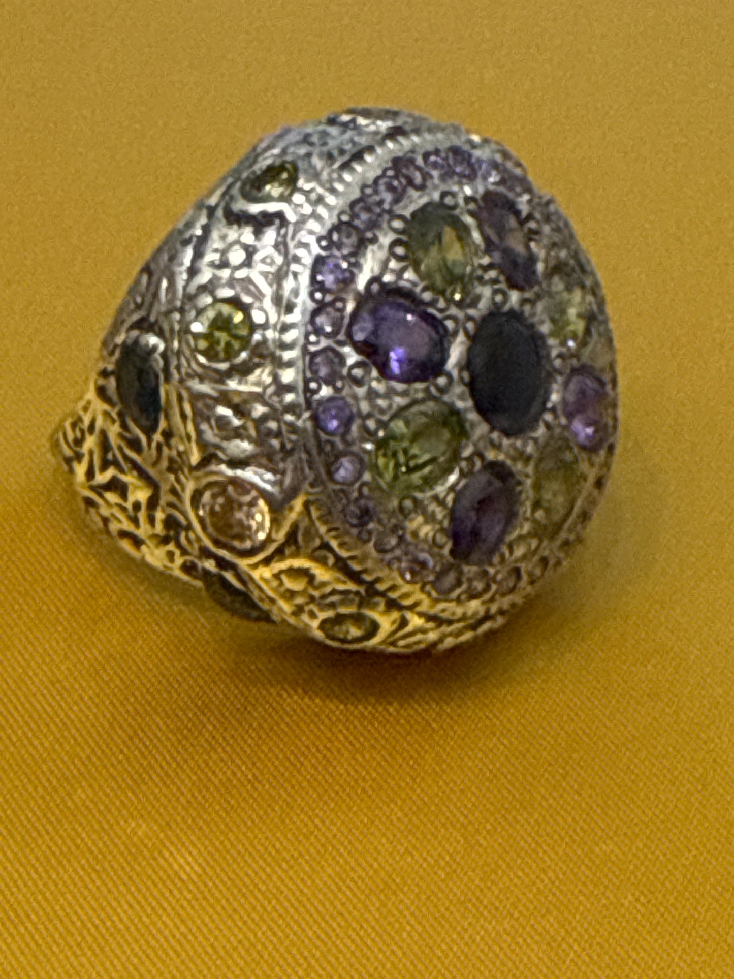 Traditional Rajasthani / Afghani One-of-a-Kind Cocktail Ring with 10 CWT Sapphire, Peridot, IOLITE and Spinel in Sterling Silver Size: 10 Weight: 15.4 SKU: RS003W