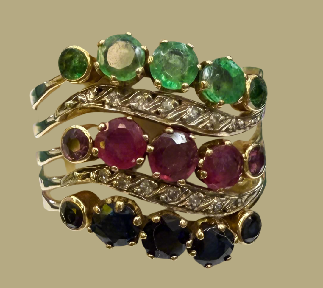 Custom Design Solid 14K Gold 6CT Diamond, Emerald, Sapphire & Ruby with Multiple Bands