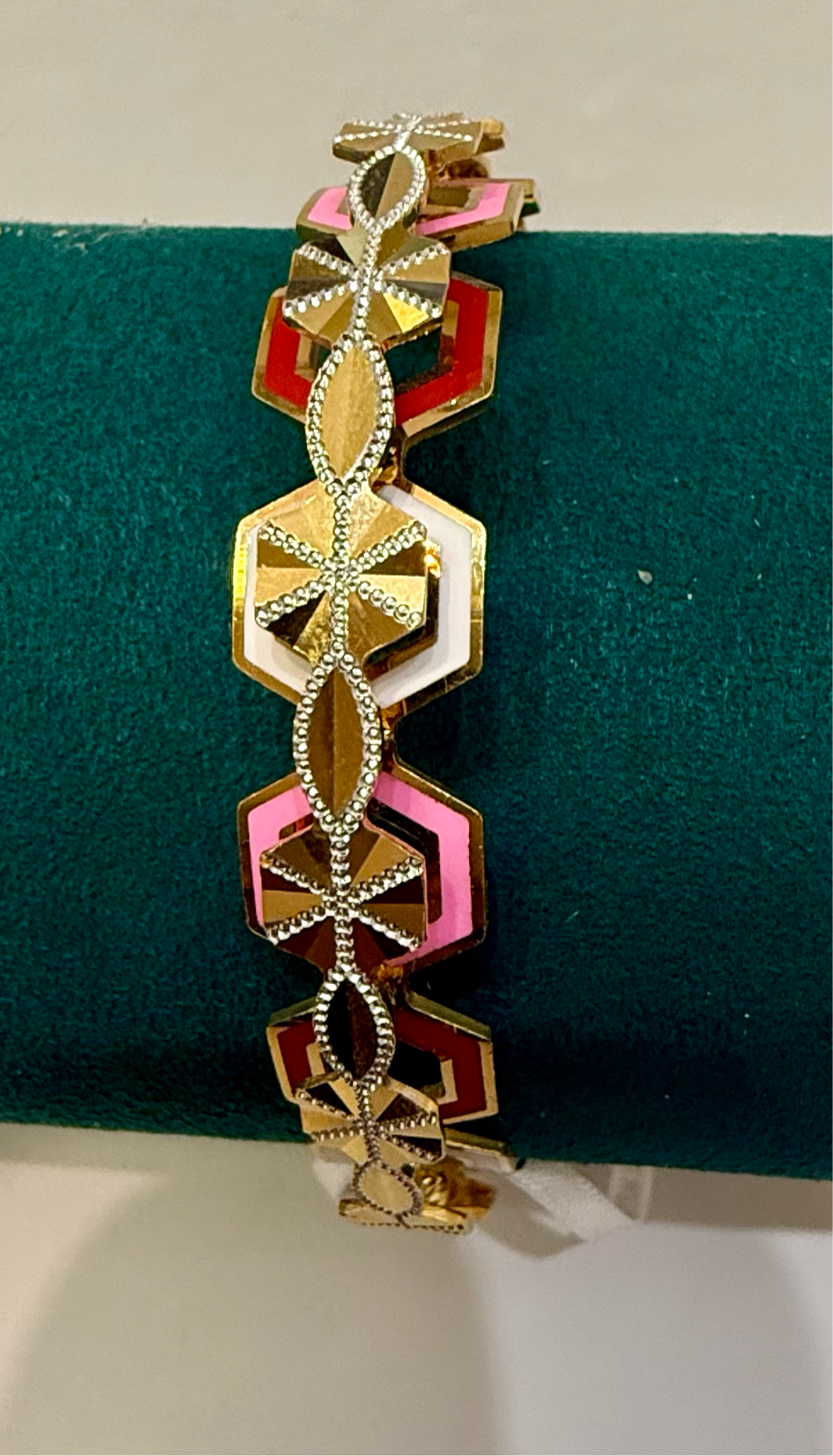 ORO Italian Designer 22K in Tri Color (Red, Pink, White) Enamel with Rhodium Plated Stackable Bangle size 2.6, 31.36g SKU: BR082