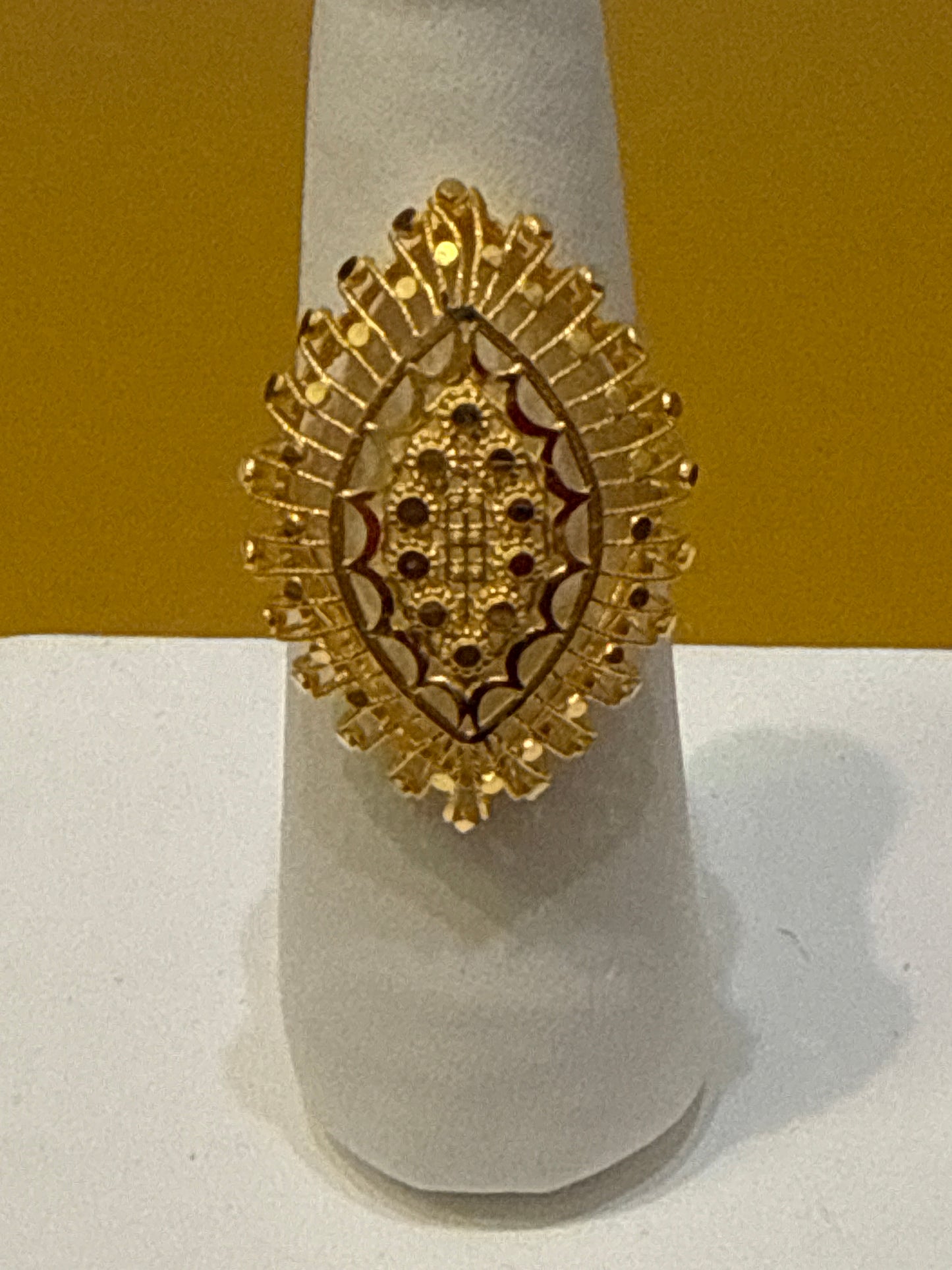 High Polished Reflective Marquise shape Open Gallery with Filigree Italian Designer inspired Elegant Light a weight Party Ring with a Modern Twist with 22K Gold Size 8, 4.7g SKU: R0144W