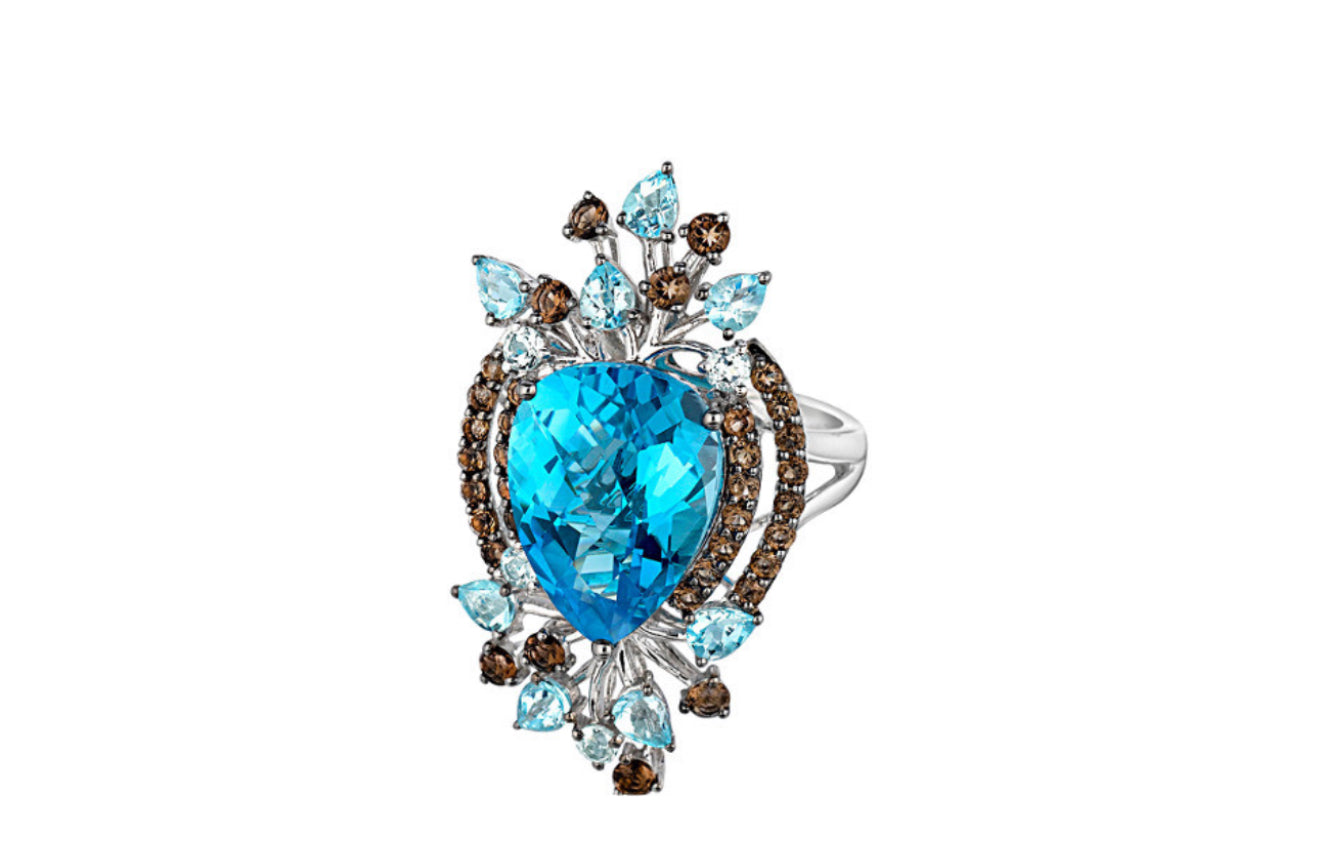 LeVian crazy collection 11.50CT Topaz & Smoky Quartz stunning Ring in 14k White Gold