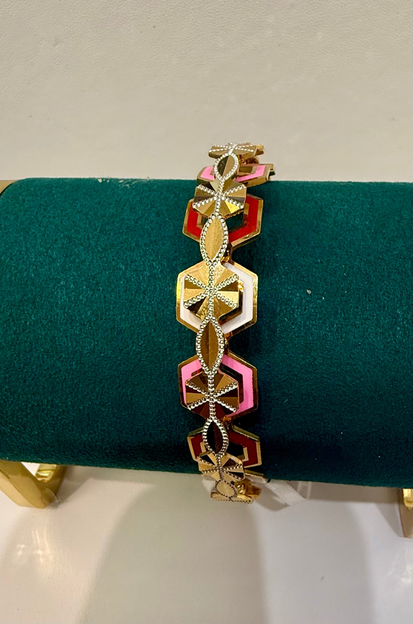 ORO Italian Designer 22K in Tri Color (Red, Pink, White) Enamel with Rhodium Plated Stackable Bangle size 2.6, 31.36g SKU: BR082