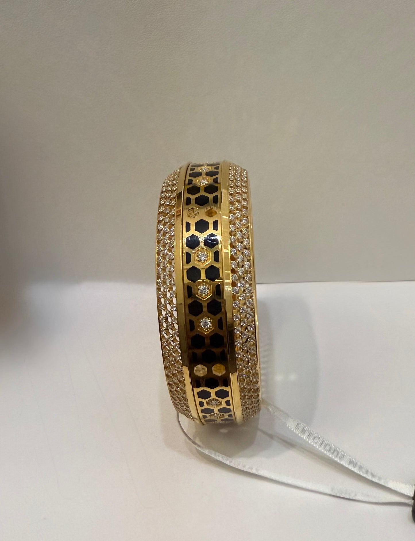 ORO Italian Designer 22K in Yellow Gold and Black Enamel with Tiny Diamonds Stackable Bangle 2.6 inches - 20.72g SKU:BR00733OB