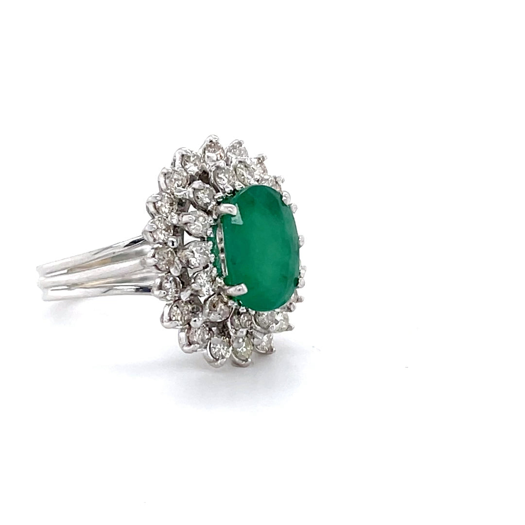 18K White Gold Natural Emerald Solitaire 3.80CTW and 2.25CTW Natural Brilliant Cut Pave Diamond Ring