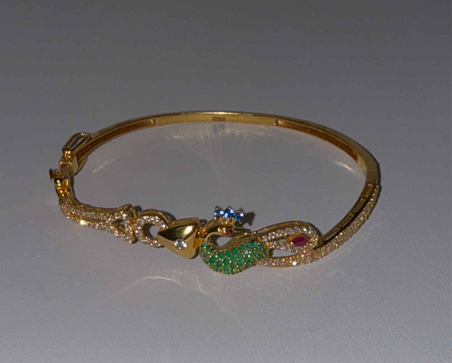 Dancing Peacock in Love Decorated with Ruby, Emerald, Sapphire and Crystals in Custom Design  22K in Yellow Gold with Double Safety Lock VIP Bangle - 11.9g SKU:BR0036BB