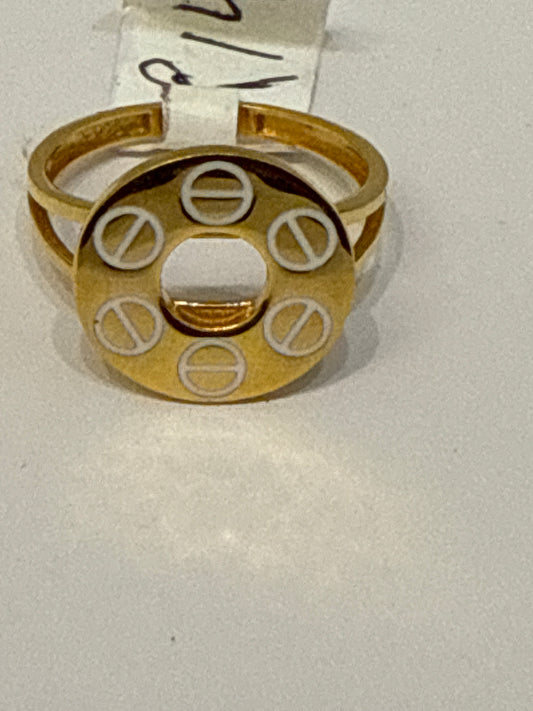 Love Screw Top Medallion Designer Inspired Ring with White Enamel Details in 22K Gold Size 7.5, 3.0g  SKU: R0141M