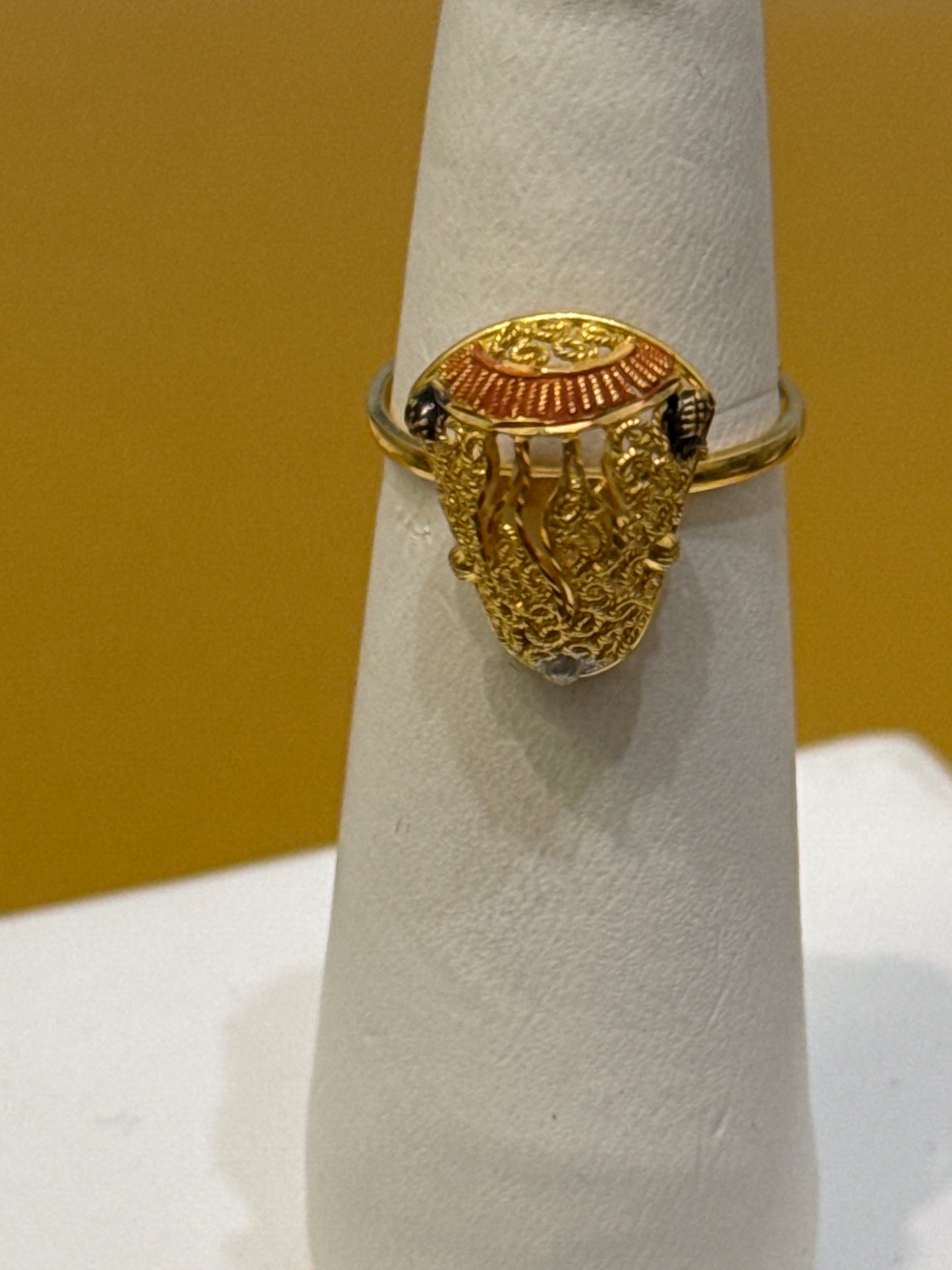 Contemporary Open Gallery Hand Made Index or Second Finger Ring with 3 color Enamel for Wedding or Party 22K Gold Size adjustable 5-12, 2.9g  SKU: R0187W
