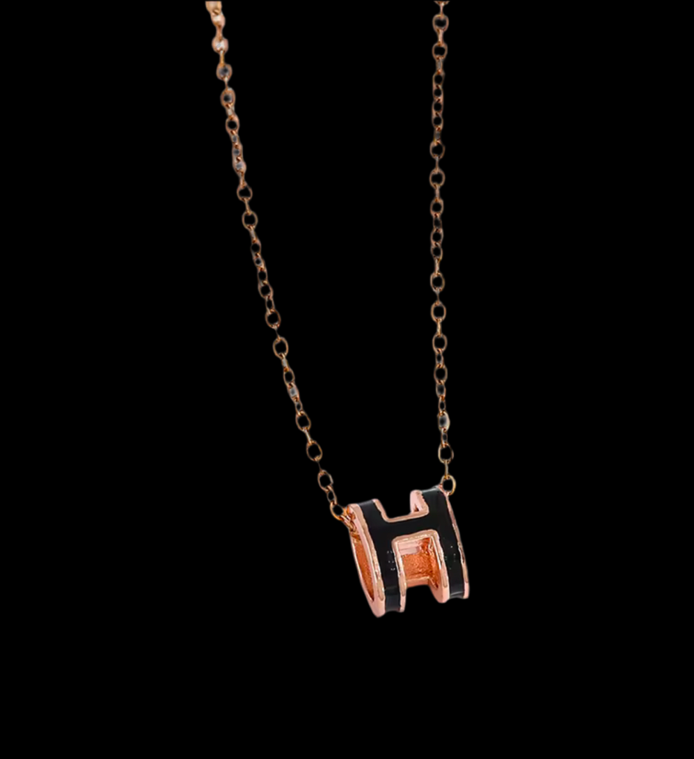 Designer Inspired Gold Plated Titanium Steel Modern “H” letter Enamel in Orange Pendent with Chain