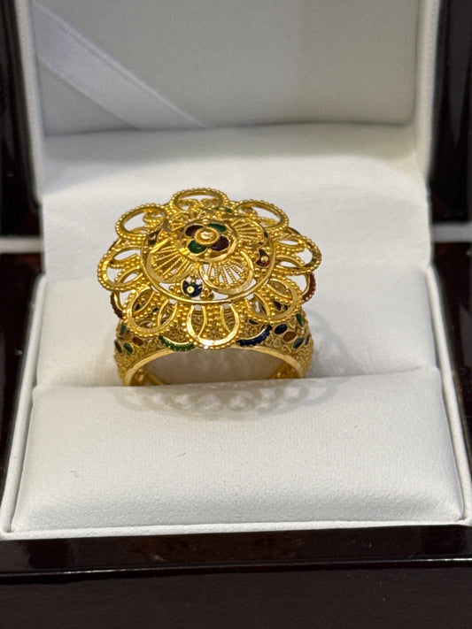 Green, Red & Orange Enamel Traditional Design 22K Gold Ring Size 7.5, 8:0g  SKU: R0186W