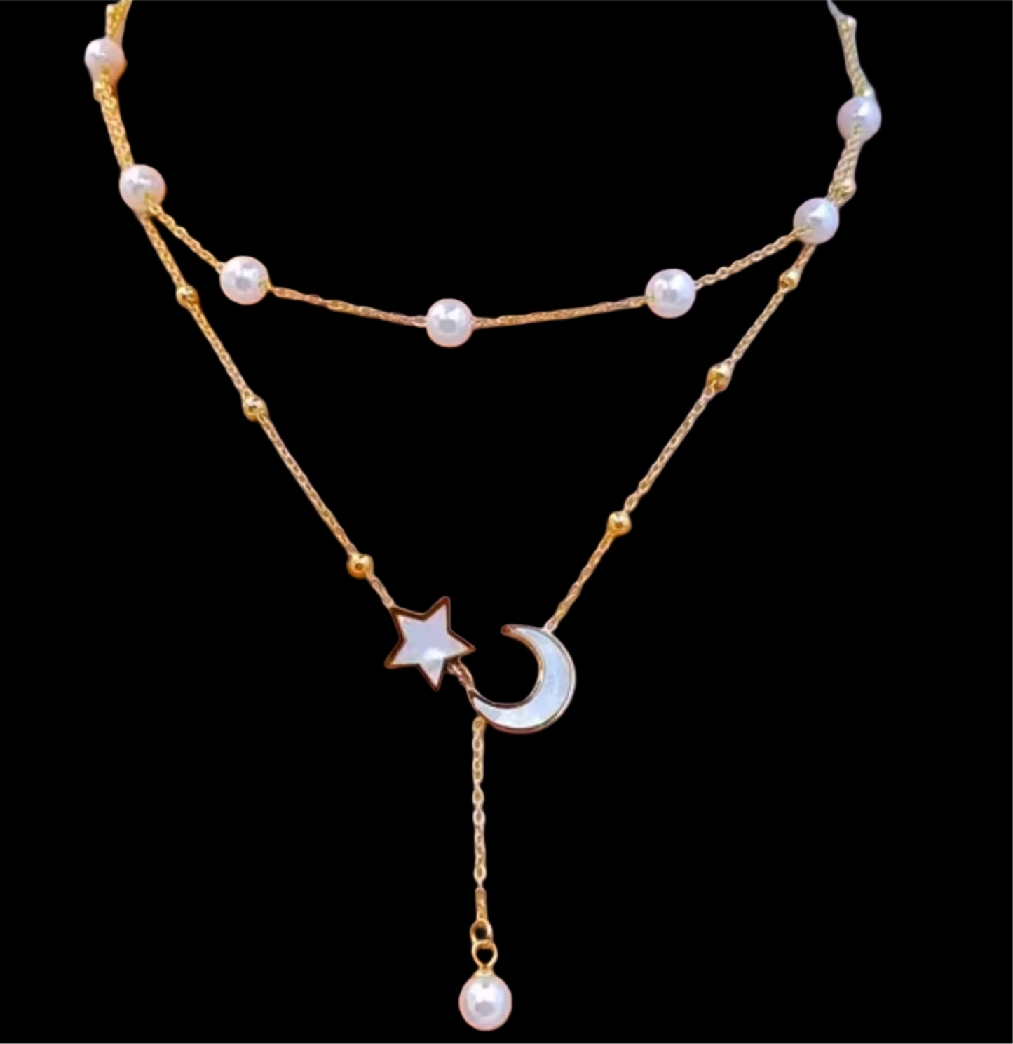 Moon & stars natural pearls, mother of pearls design in 18k Gold Sterling Silver Necklace - no Fade, no lead (pro 65 compliant)