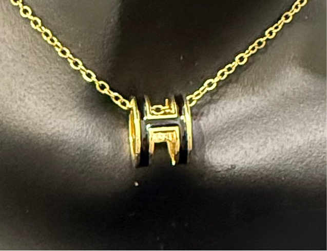 Designer Inspired Gold Plated Titanium Steel Modern “H” letter Enamel in Orange Pendent with Chain