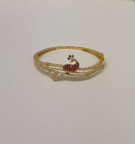 Dancing Peacock Decorated with Ruby, Sapphire and Crystals in Custom Design  22K in Yellow Gold with Double Safety Lock VIP Bangle - 14.9g SKU:BR0032BB