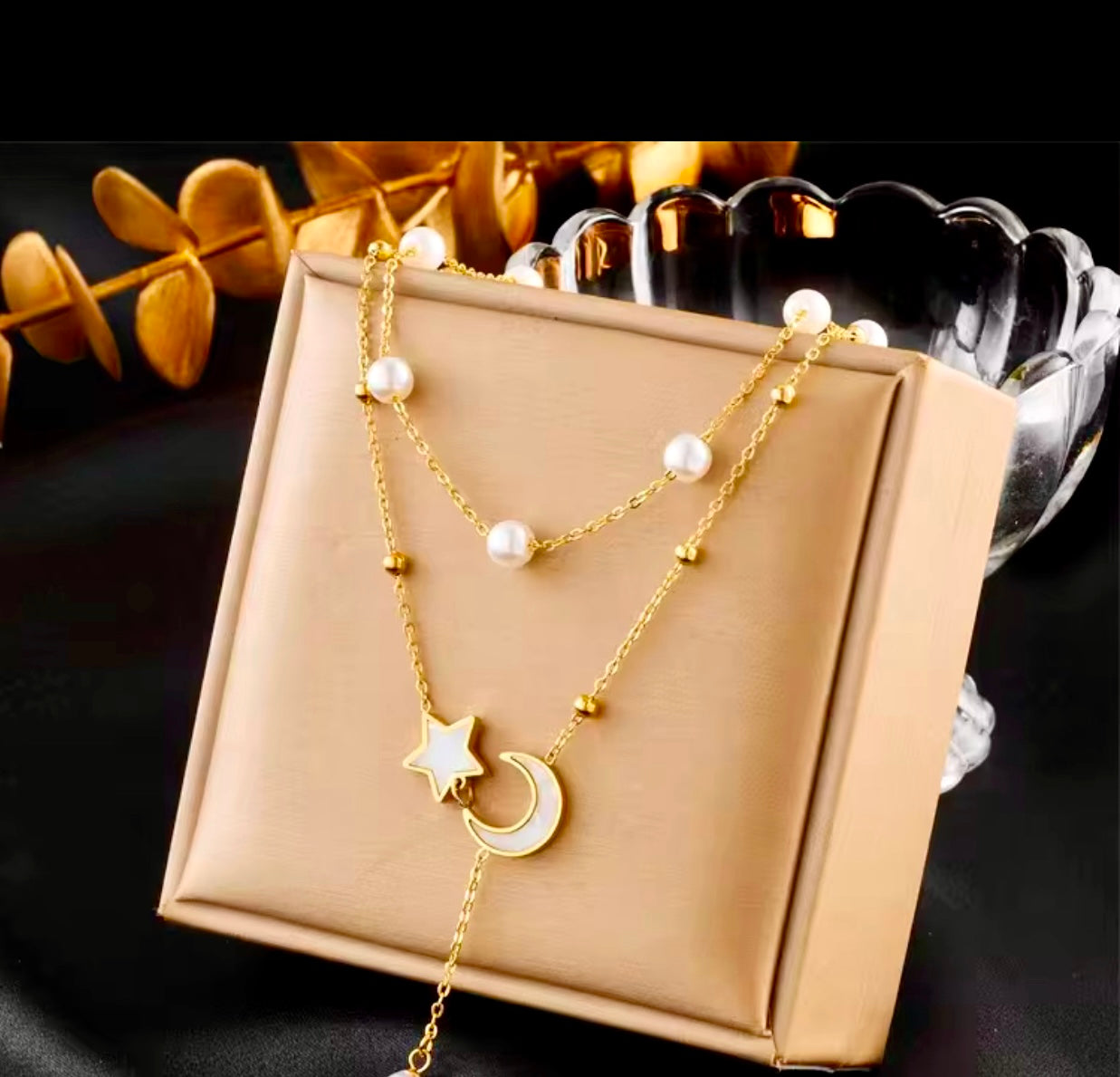 Moon & stars natural pearls, mother of pearls design in 18k Gold Sterling Silver Necklace - no Fade, no lead (pro 65 compliant)
