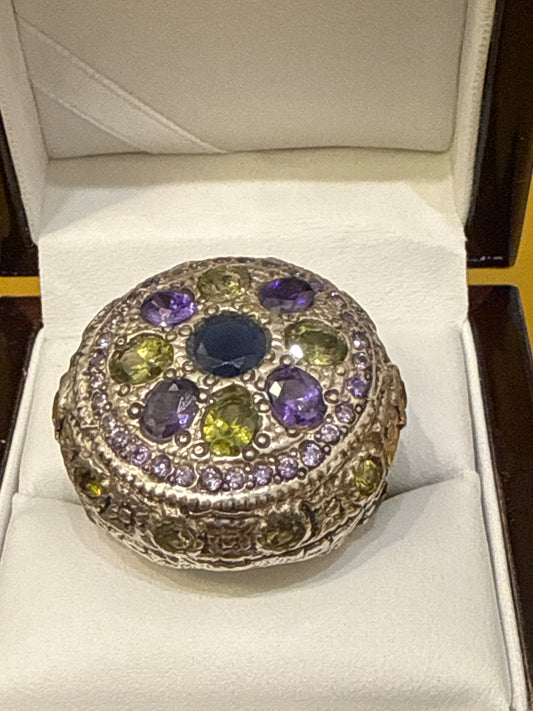 Traditional Rajasthani / Afghani One-of-a-Kind Cocktail Ring with 10 CWT Sapphire, Peridot, IOLITE and Spinel  in Sterling Silver Size: 10 Weight: 15.4 SKU: RS003W