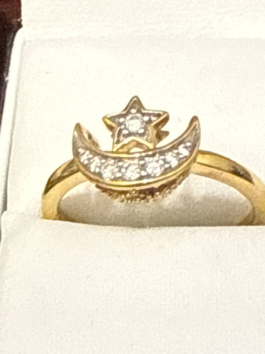 Darling Moon & Star Index or Second Finger ring with 0.7 CT Sapphire Perfect for Wedding or Party Rhodium Plated 14K over Sterling Silver Size 7, 2.0  SKU: R0171W