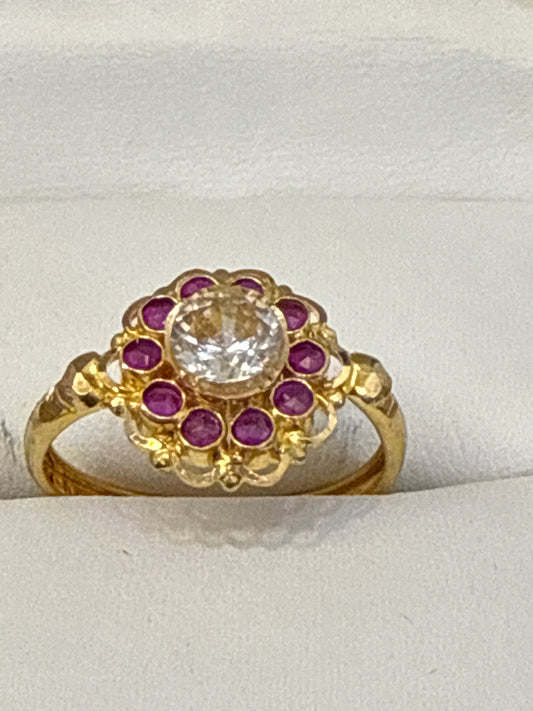 Modern Red & White Ruby and Crystal Stones 0.8 CT Floral Ring 22K Gold Size 7.5, 1.9g  SKU: R0193W
